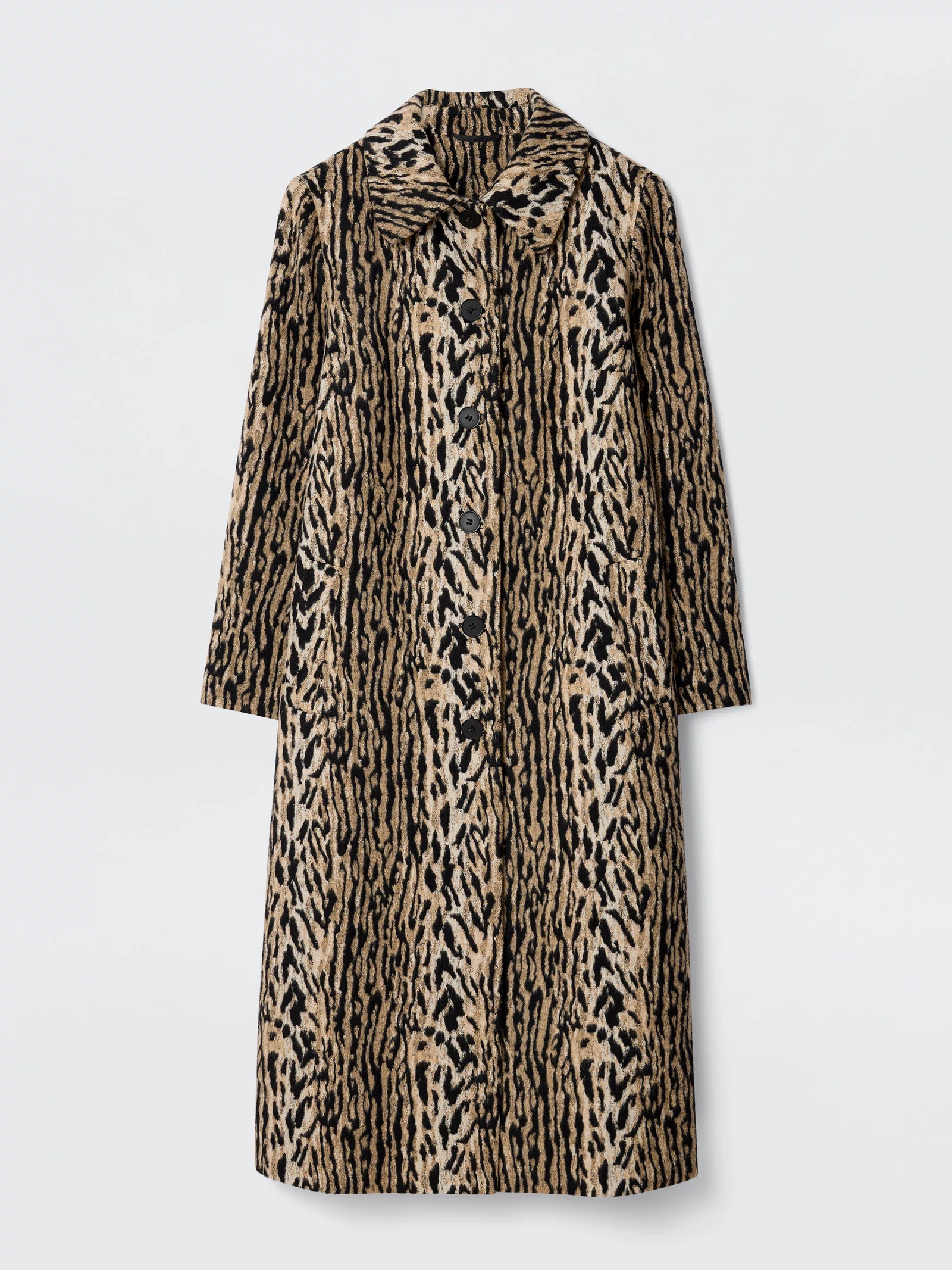 The Milly - Bohemia Leopard is a mid-length coat in tan and black with a bold leopard print, wide collar, and long felt fur sleeves, shown against a plain white background.