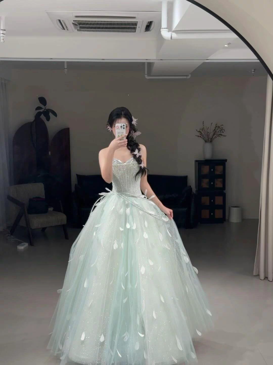 Mint Green Ball Gown Prom Dress with Detachable Sleeves and Lace-Up Back SL208