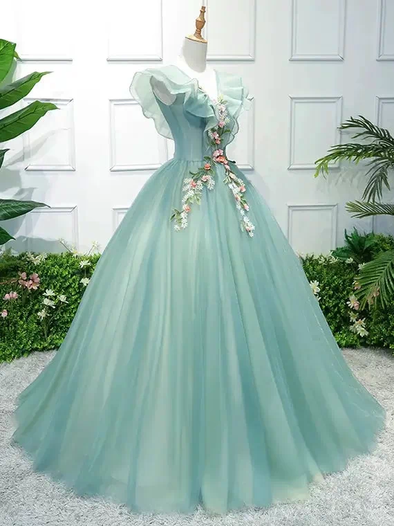Light Green Floral Sweet 15 Dress Ball Gown Princess Prom Dresses FD1039-prom dresses 2025 -Viniodress-Light Green-Custom Size-