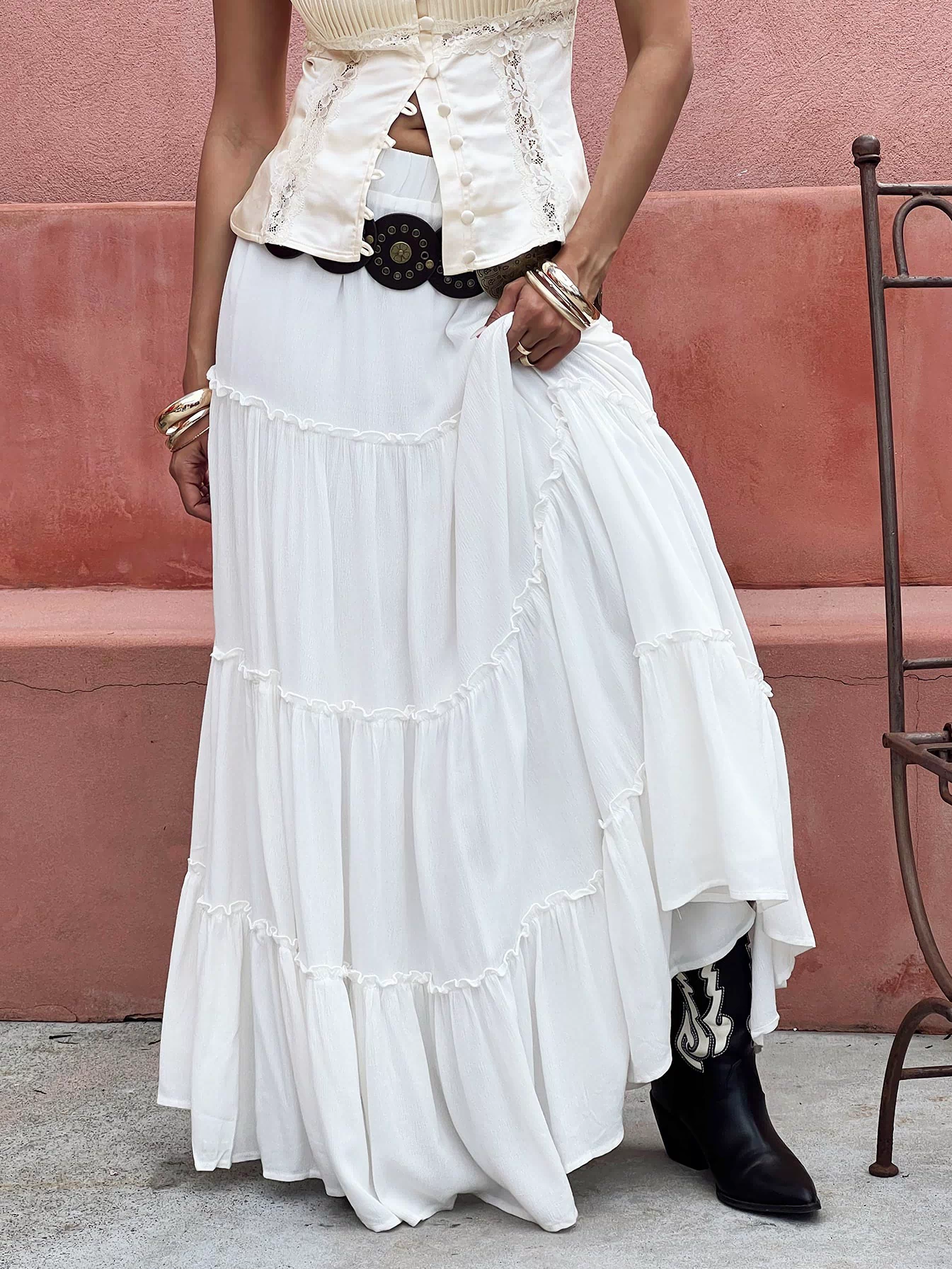   front view of model wearing Princess Polly Miriah Maxi Skirt White Petite Maxi 