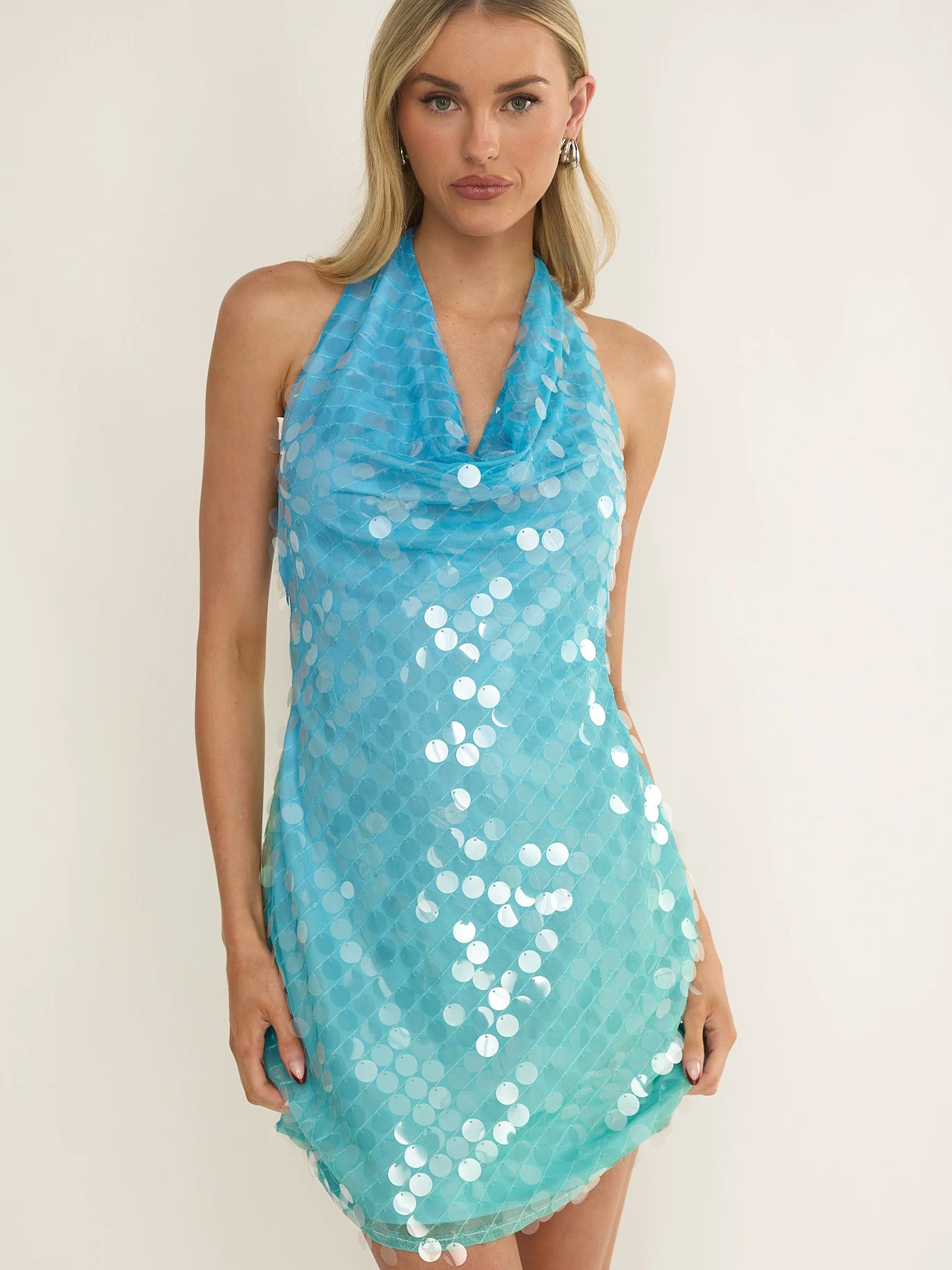 Misky Cowl Neck Sequin Mini Dress Blue Multi