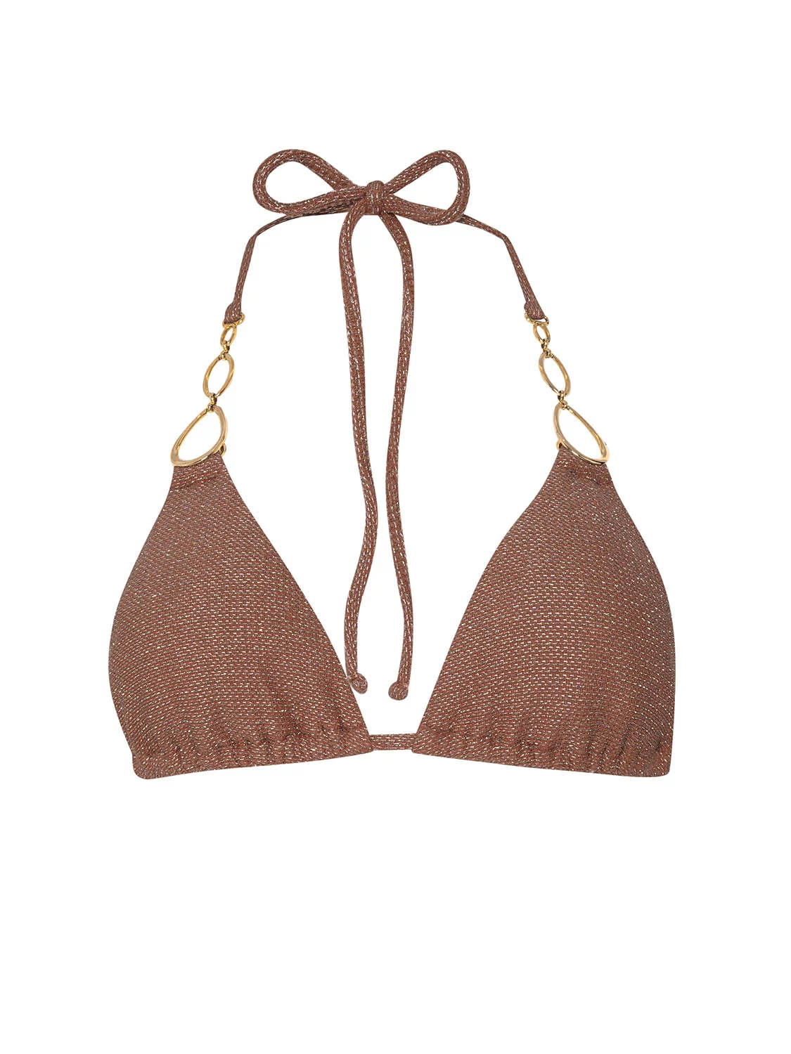 Brown bikini top with string ties on a white background