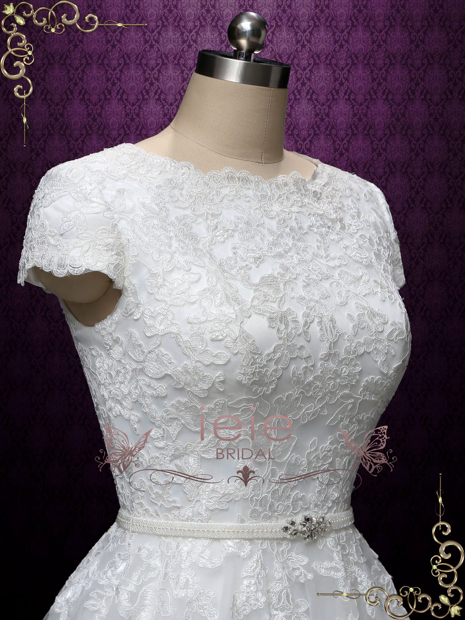Modest Lace Wedding Dress with Short Sleeves ABIGAIL