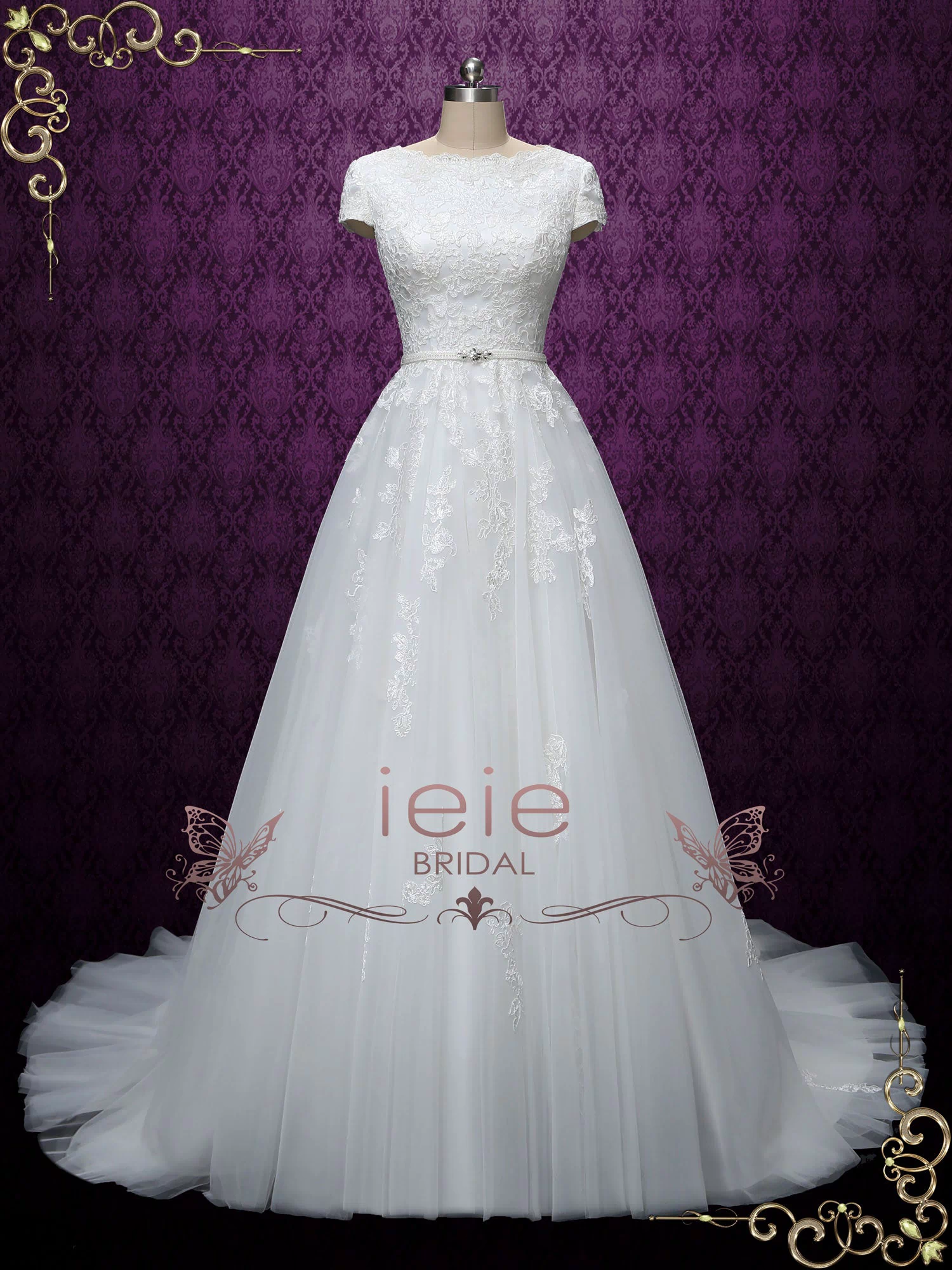 Modest Lace Wedding Dress with Short Sleeves ABIGAIL
