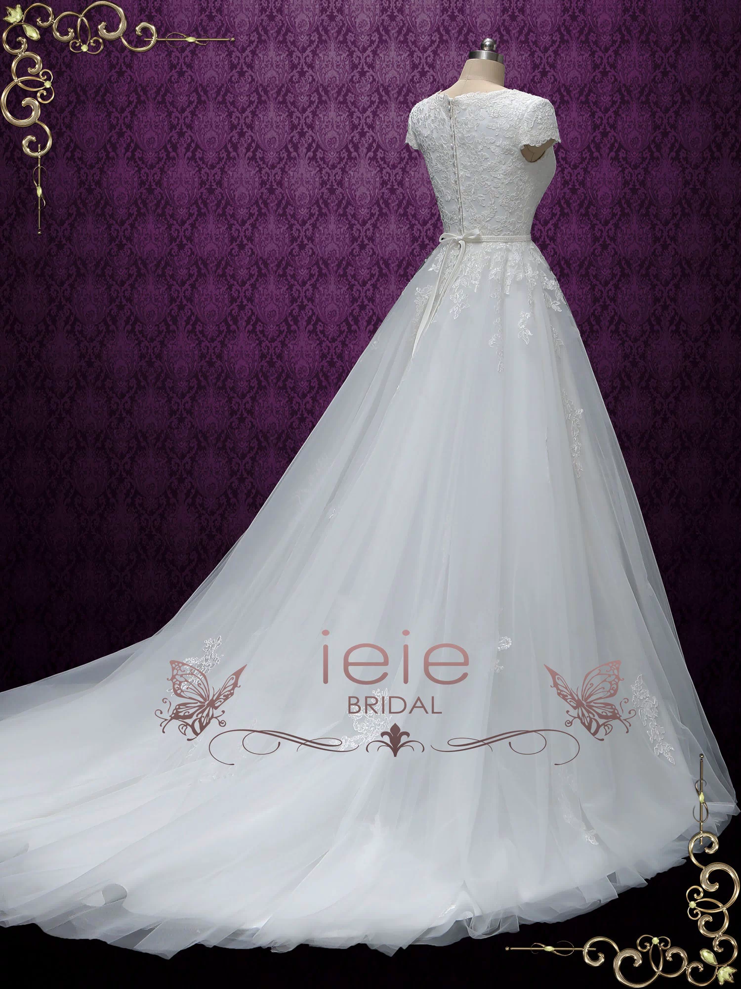 Modest Lace Wedding Dress with Short Sleeves ABIGAIL
