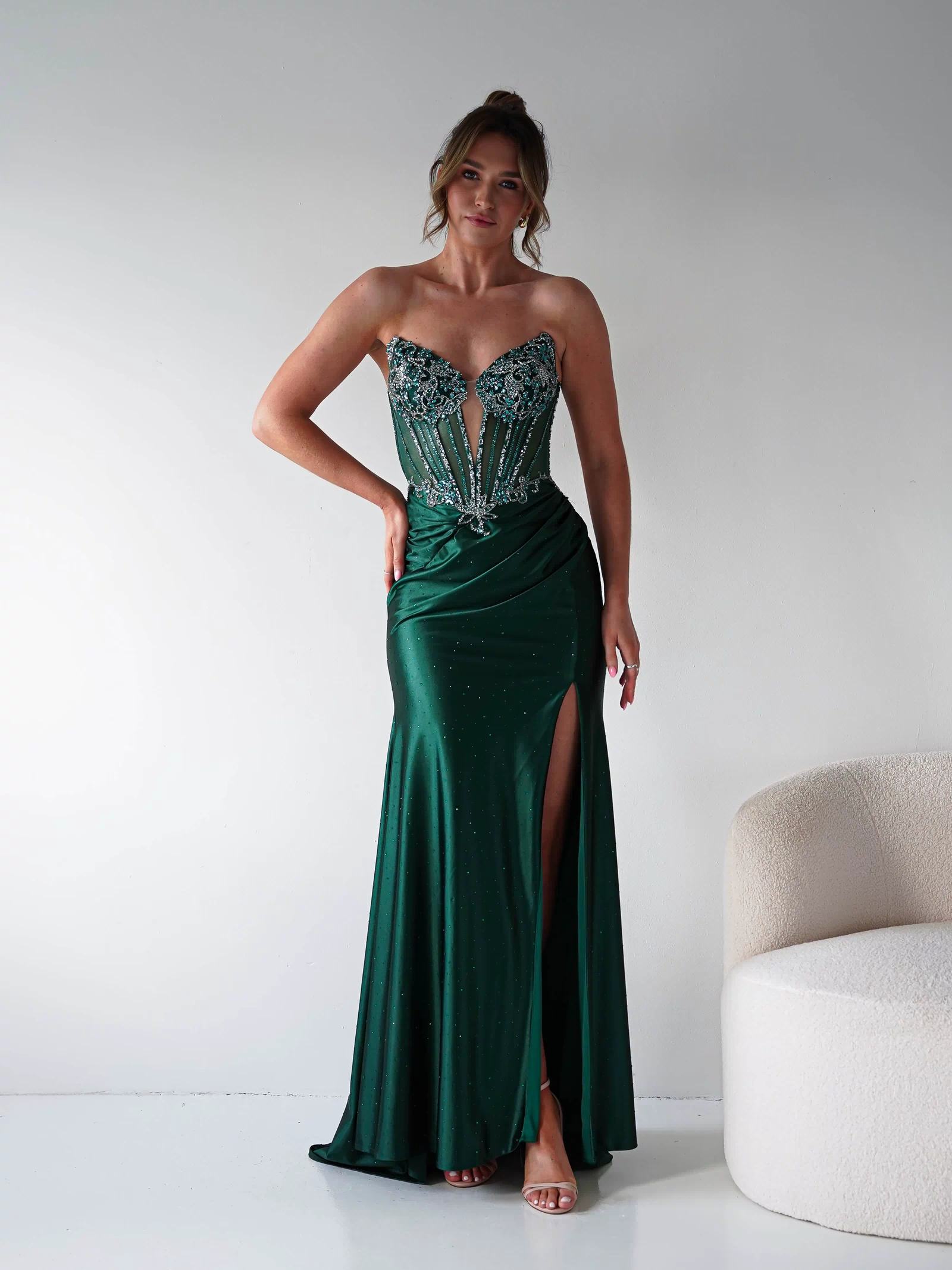 Monaco Rhinestone Strapless Gown | Emerald Green