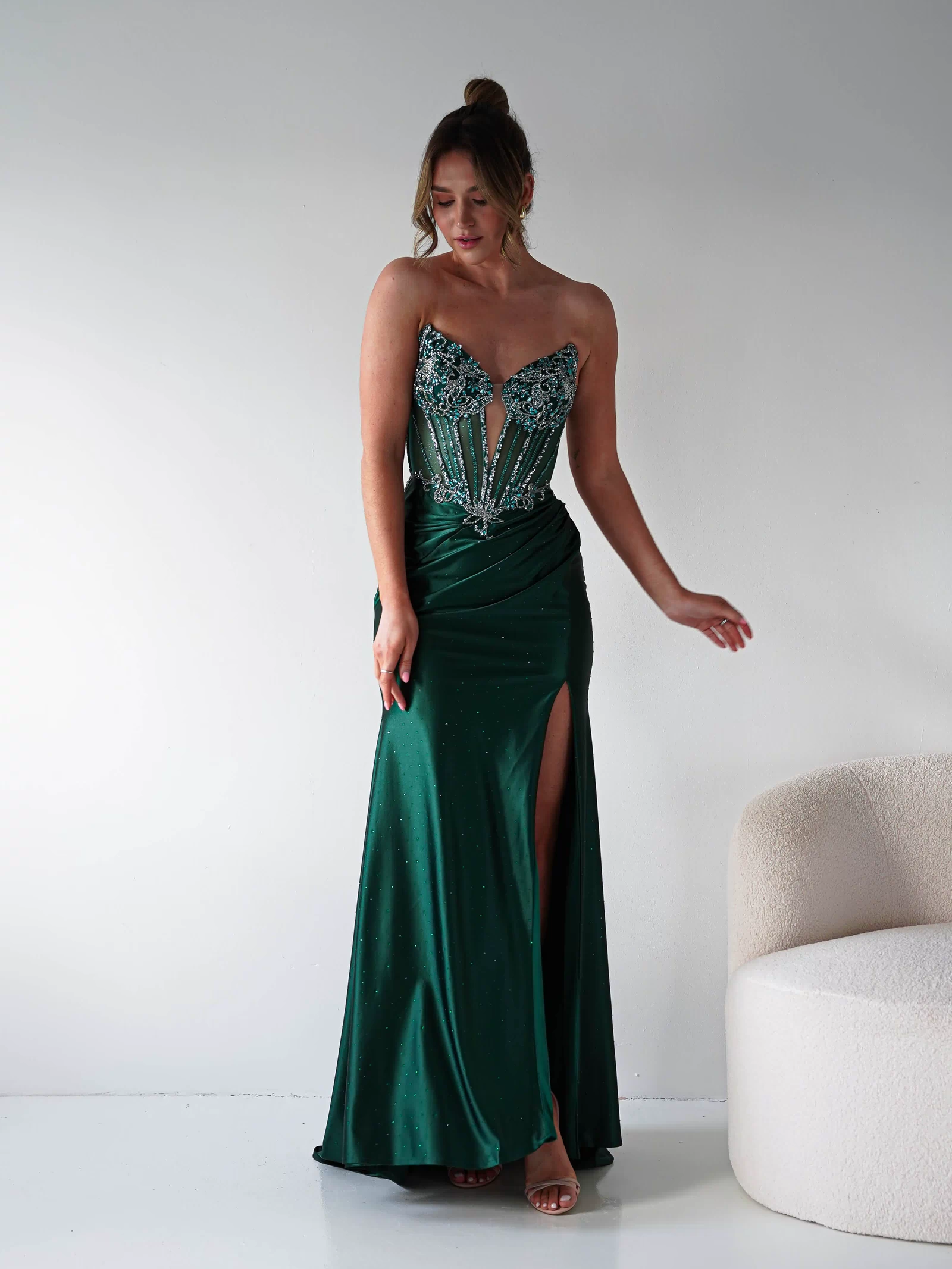 Monaco Rhinestone Strapless Gown | Emerald Green-Oh Hello Clothing