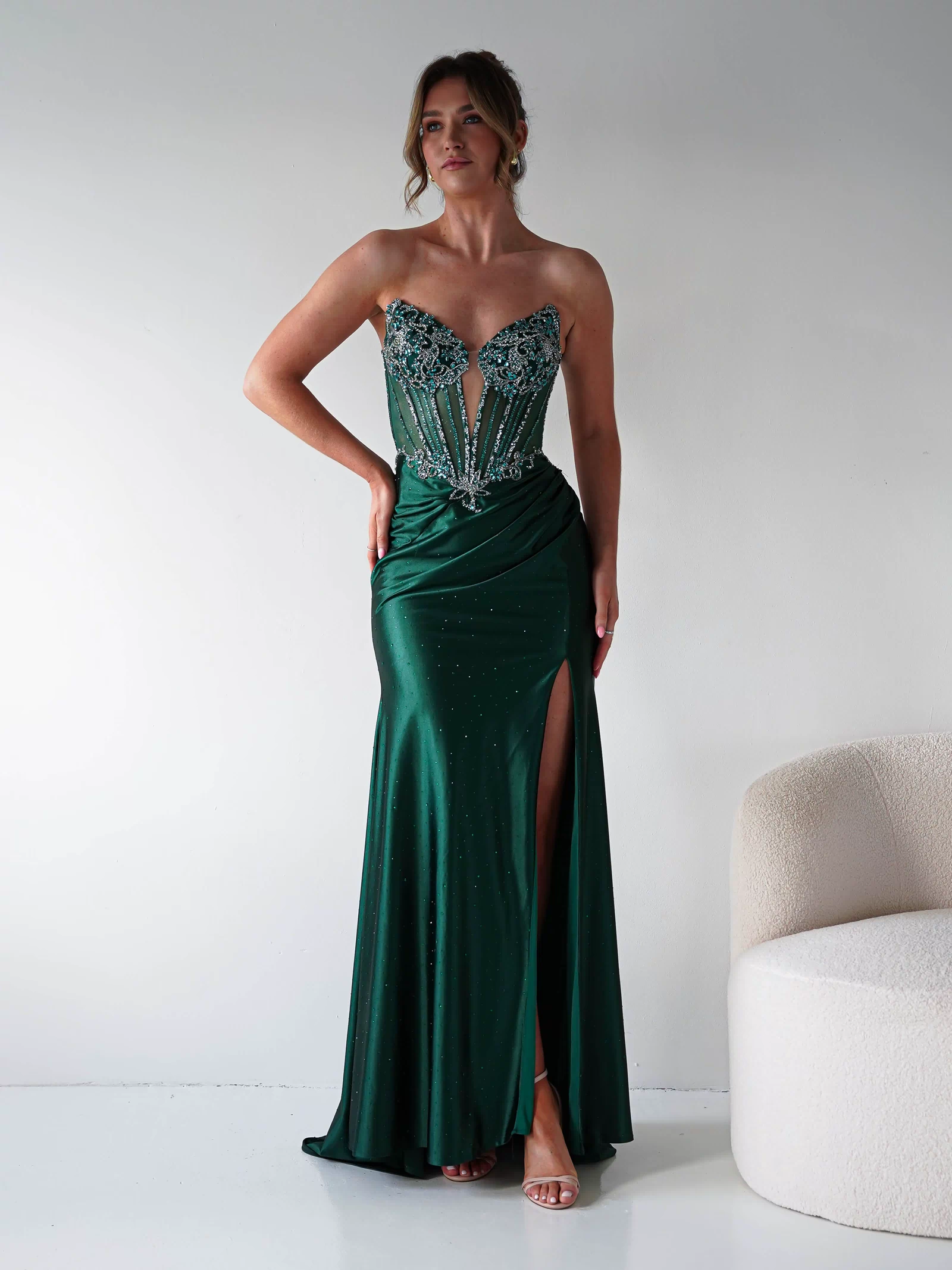 Monaco Rhinestone Strapless Gown | Emerald Green-Oh Hello Clothing
