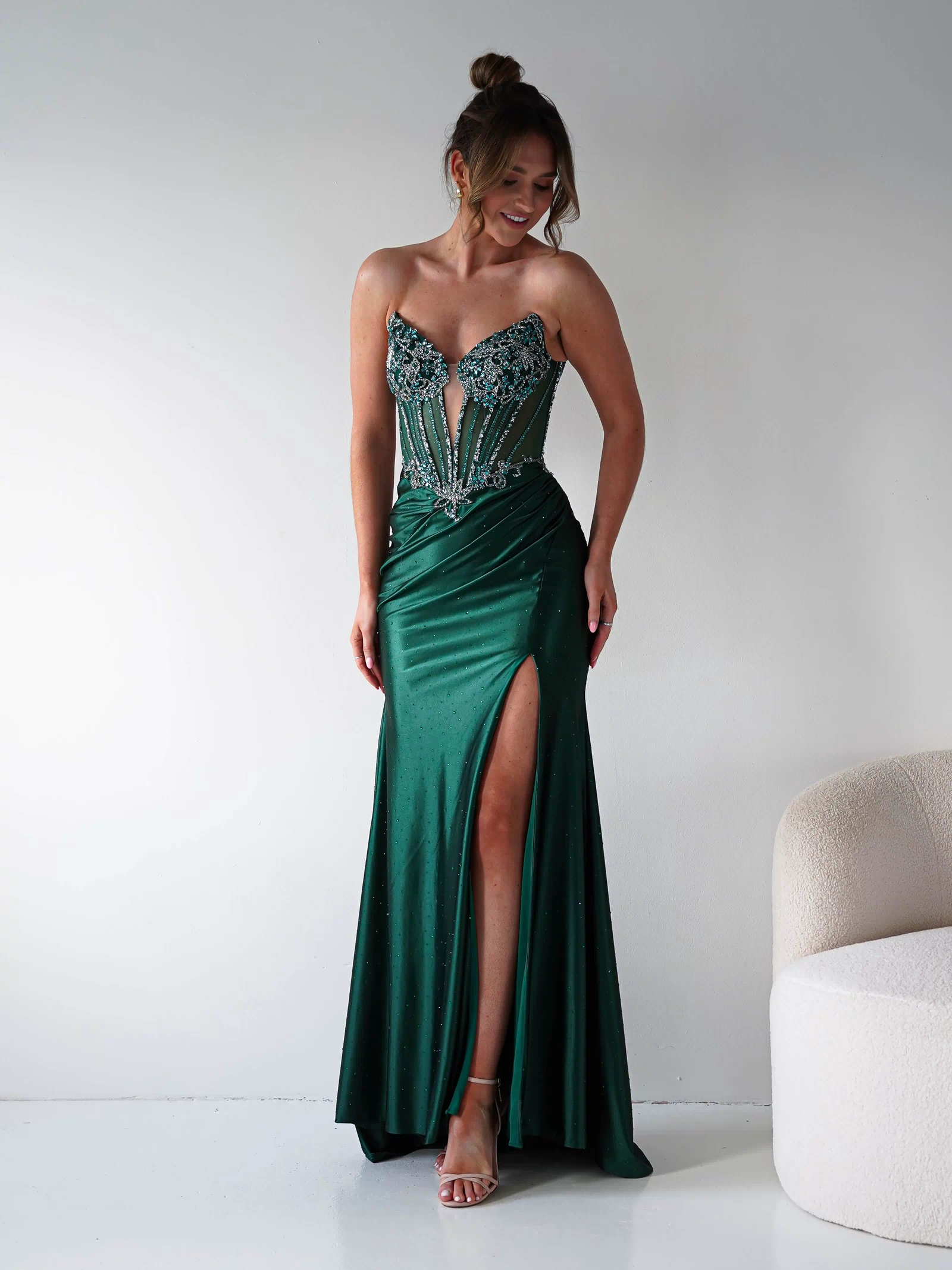 Monaco Rhinestone Strapless Gown | Emerald Green-Oh Hello Clothing