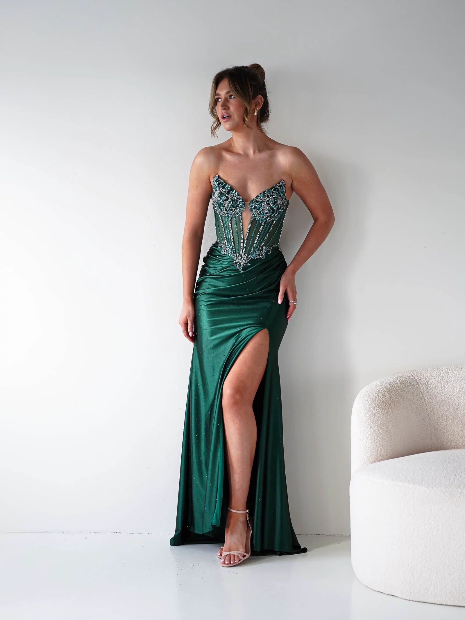 Monaco Rhinestone Strapless Gown | Emerald Green-Oh Hello Clothing