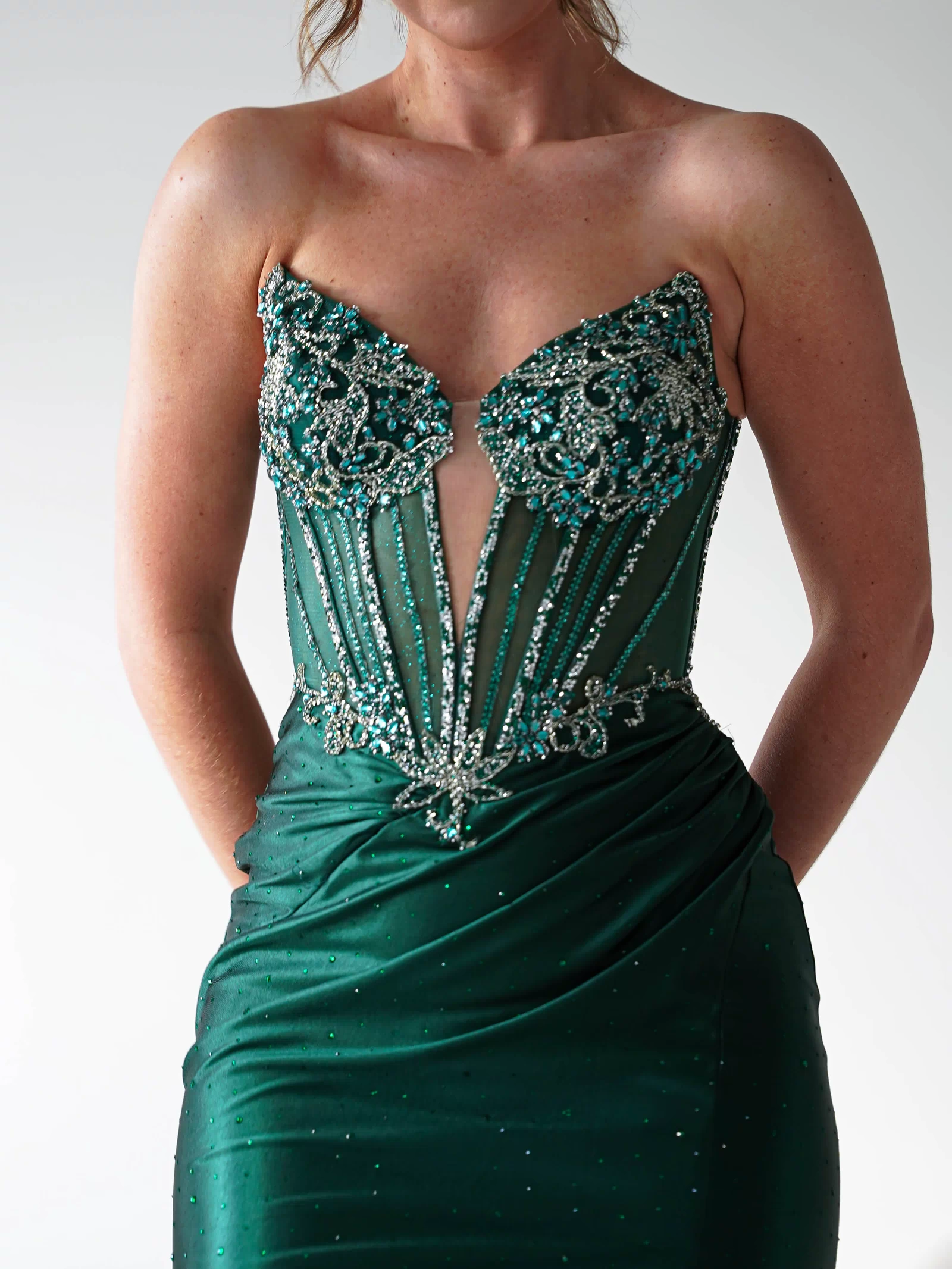 Monaco Rhinestone Strapless Gown | Emerald Green-Oh Hello Clothing