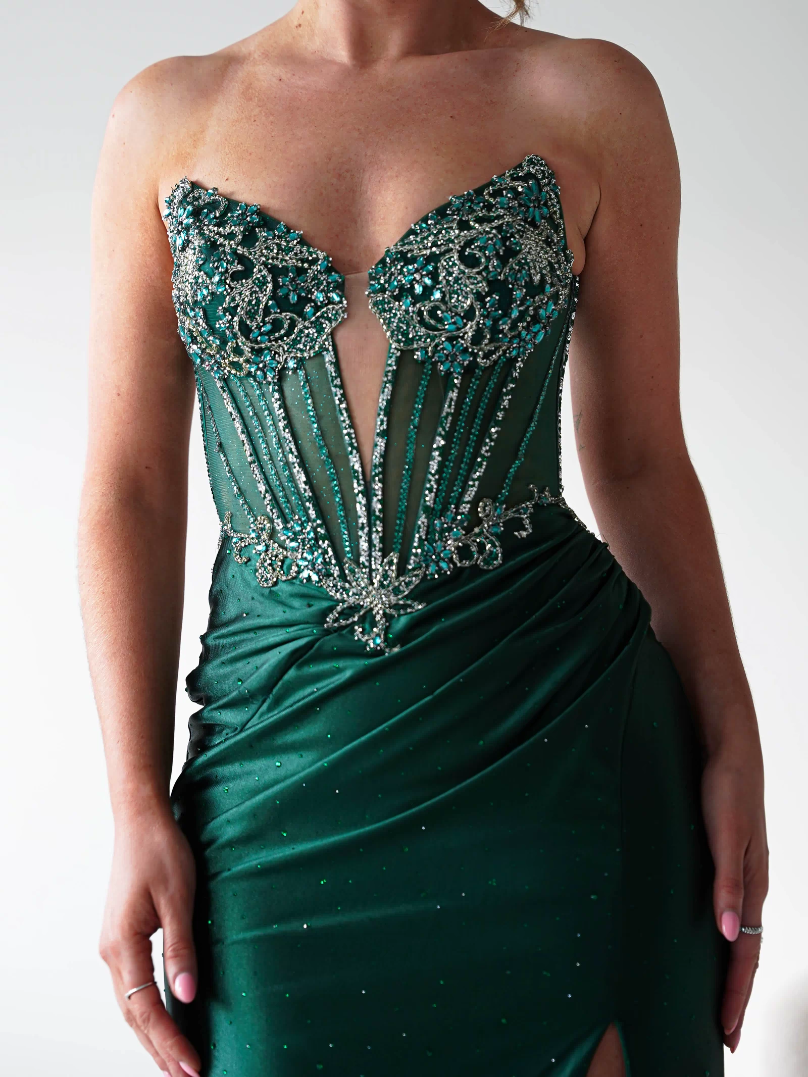 Monaco Rhinestone Strapless Gown | Emerald Green-Oh Hello Clothing