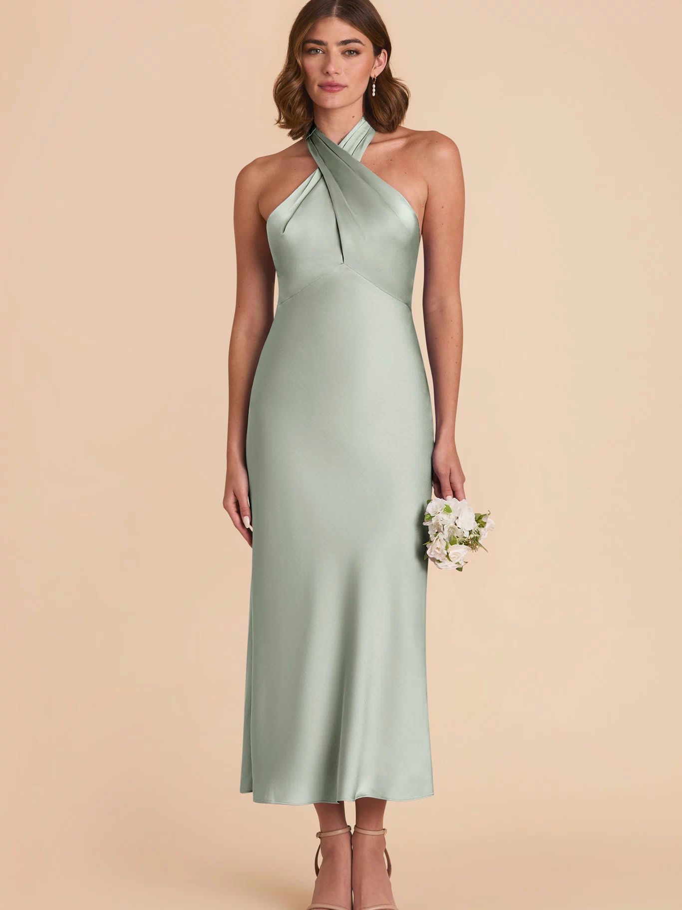Monique Matte Satin Dress - Sage