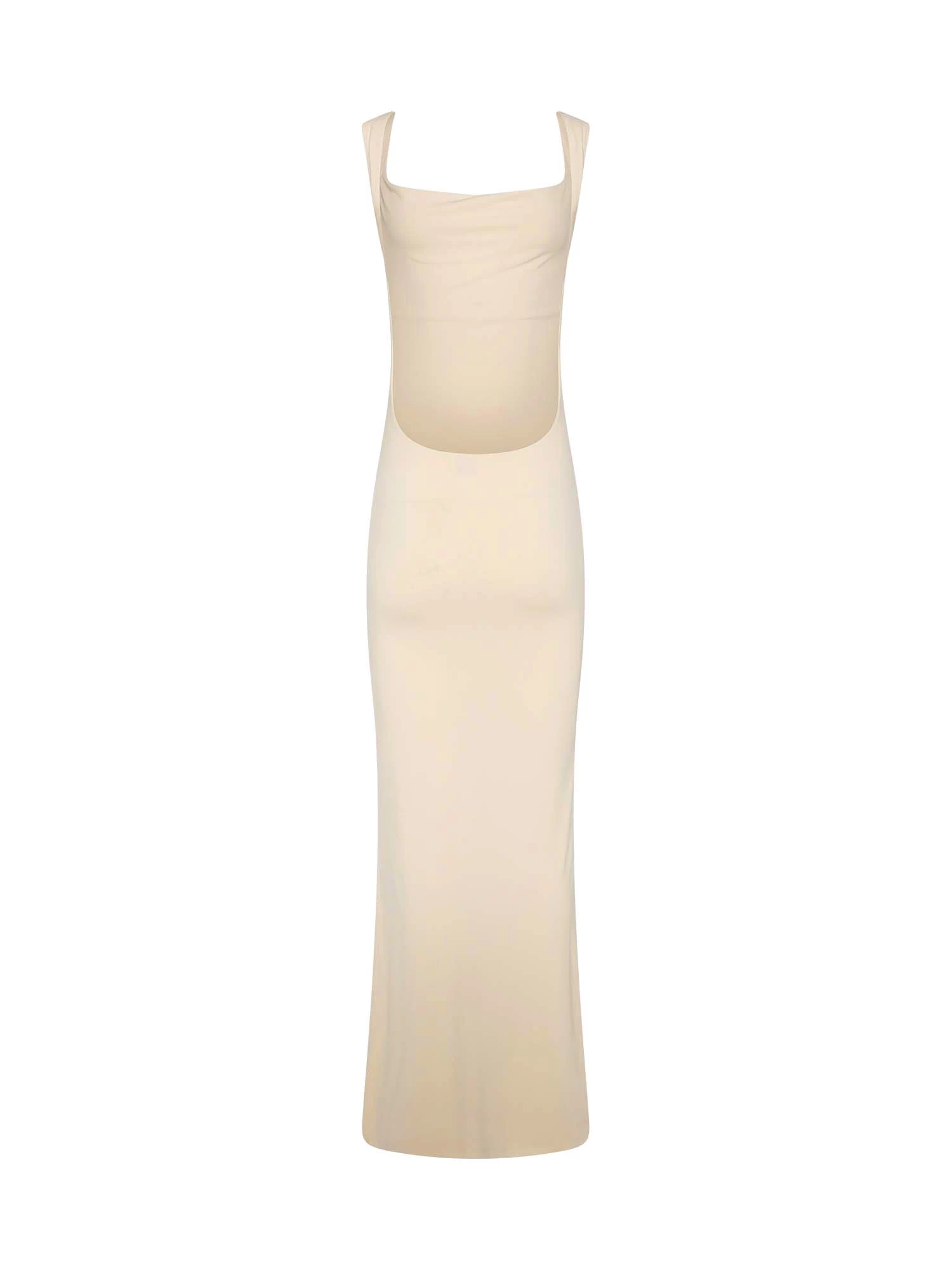 TIGERMIST MORANA DRESS - YELLOW : BUTTER is a pastel yellow sleeveless maxi dress with a square neckline, waist cutout detail, and bodycon fit, shown against a plain white background.