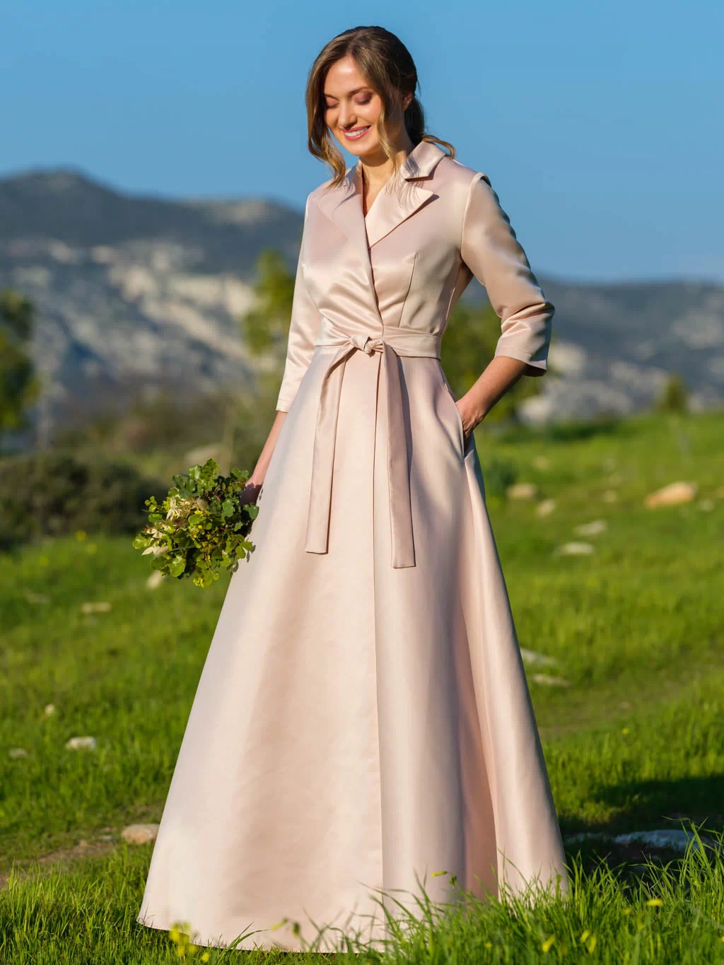 Mother of the Bride & Groom champagne gold satin wrap dress
