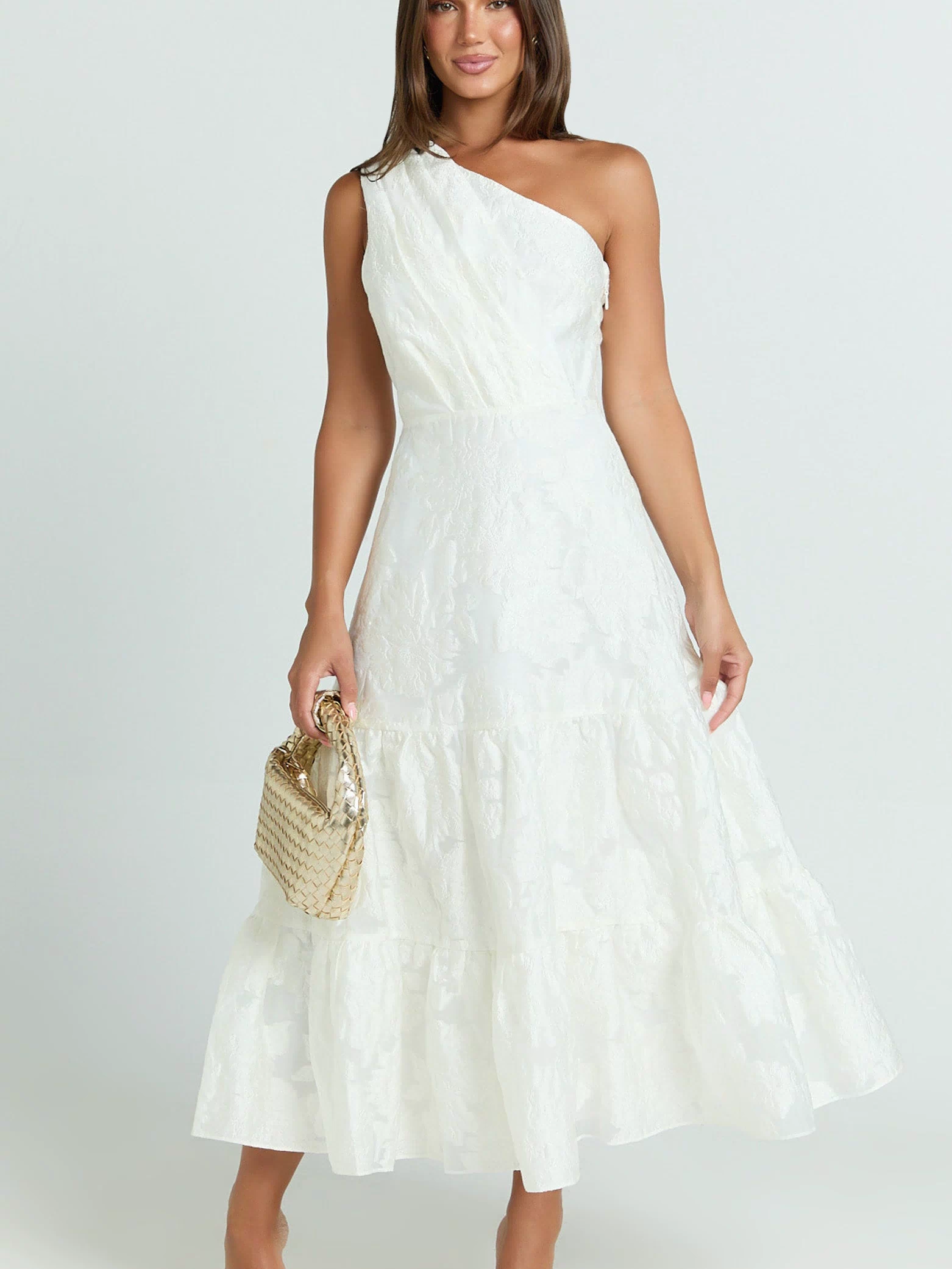 Nadette Midi Dress - One Shoulder Pleated Tiered Dress in White