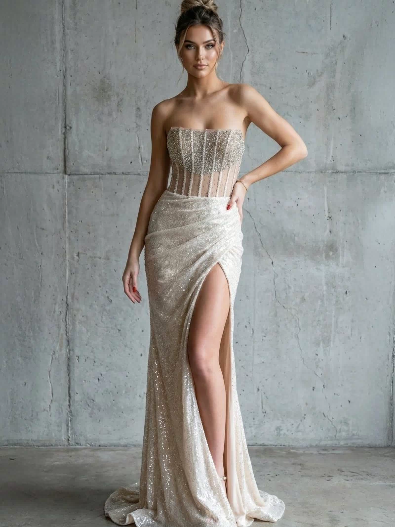 Strapless Mermaid Long Sequins Prom Dress With Split – Prom Dress by KissProm | Available at KissProm