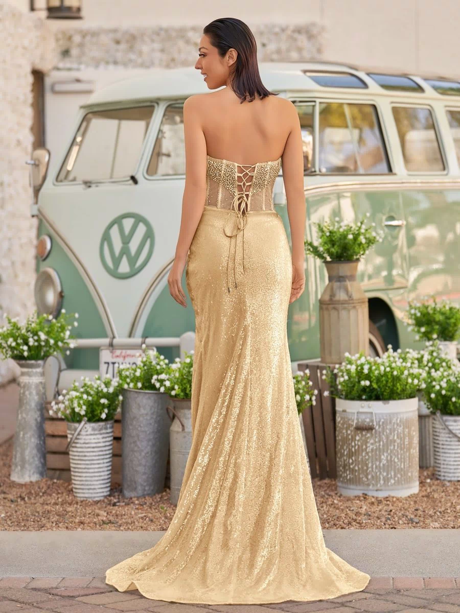 Strapless Mermaid Long Sequins Prom Dress With Split – Prom Dress by KissProm | Available at KissProm