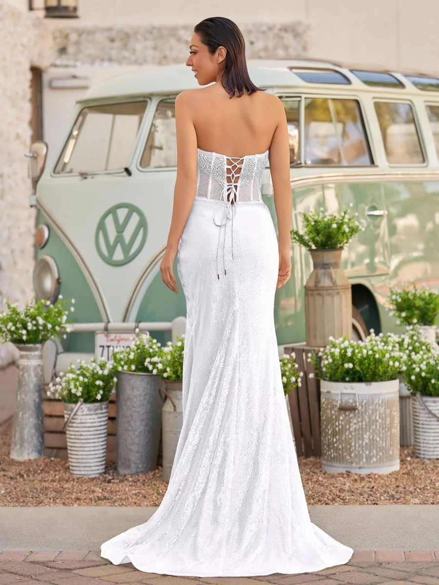 Strapless Mermaid Long Sequins Prom Dress With Split – Prom Dress by KissProm | Available at KissProm