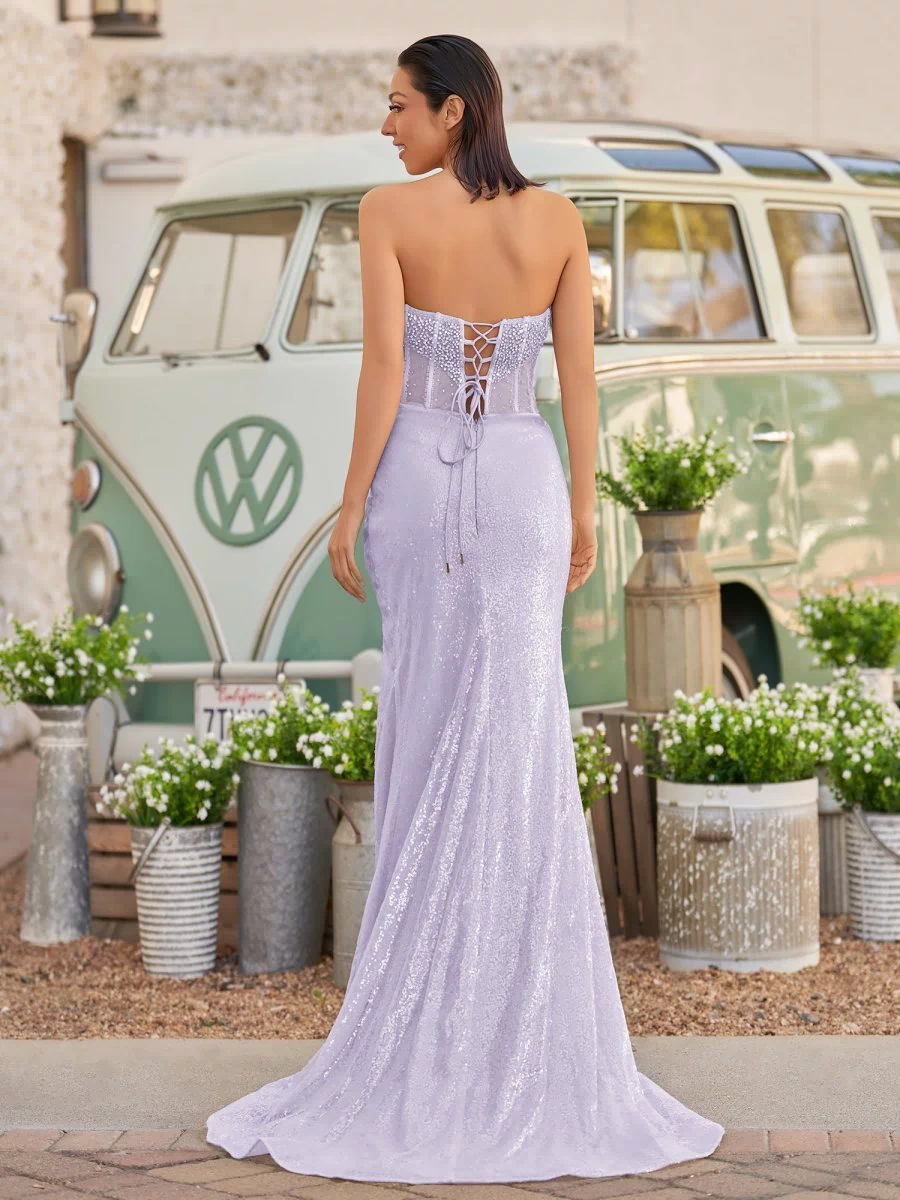 Strapless Mermaid Long Sequins Prom Dress With Split – Prom Dress by KissProm | Available at KissProm