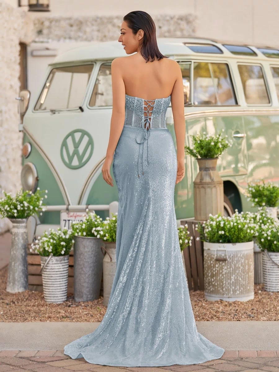 Strapless Mermaid Long Sequins Prom Dress With Split – Prom Dress by KissProm | Available at KissProm