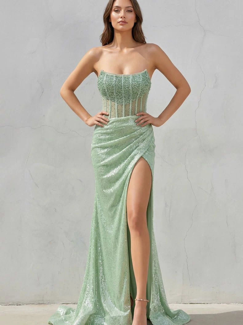 Strapless Mermaid Long Sequins Prom Dress With Split – Prom Dress by KissProm | Available at KissProm