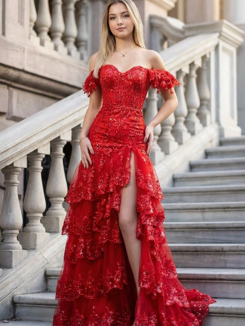 Sheath Off the Shoulder Long Lace Prom Dress (Lace-up Back)