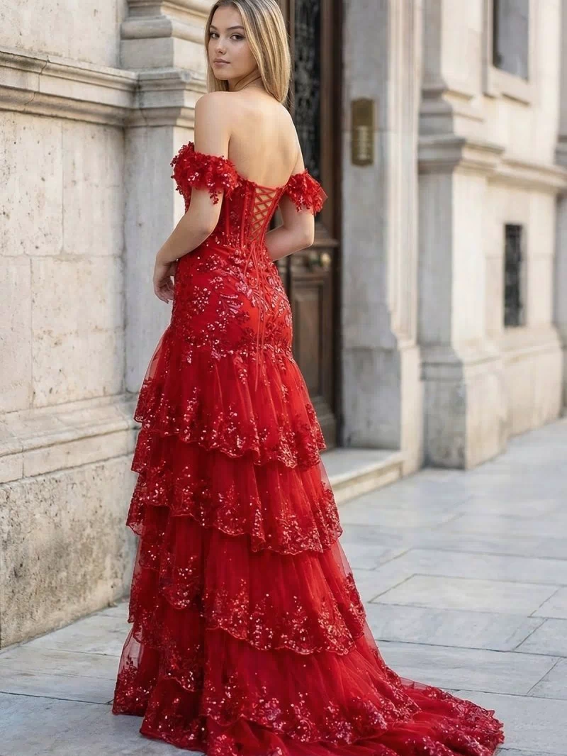 Red Sheath Off the Shoulder Long Lace Prom Dress (Lace-up Back) - KISSPROM PROM DRESSES
