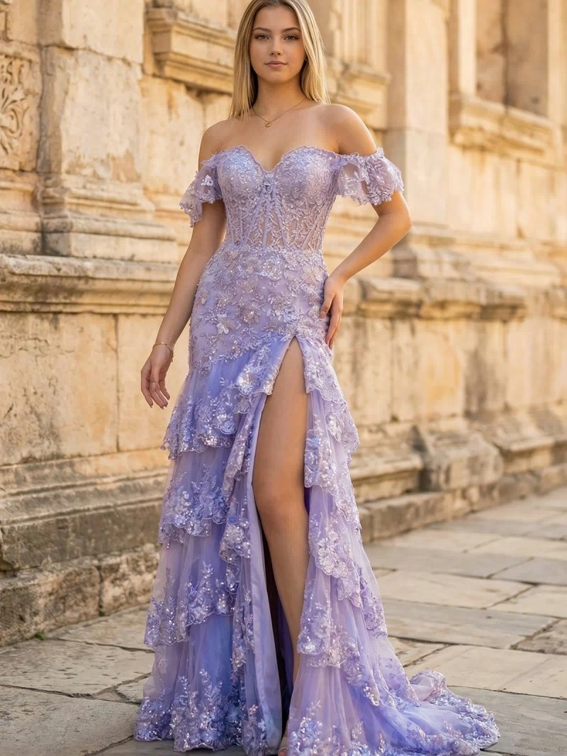 Lavender Sheath Off the Shoulder Long Lace Prom Dress (Lace-up Back) - KISSPROM PROM DRESSES