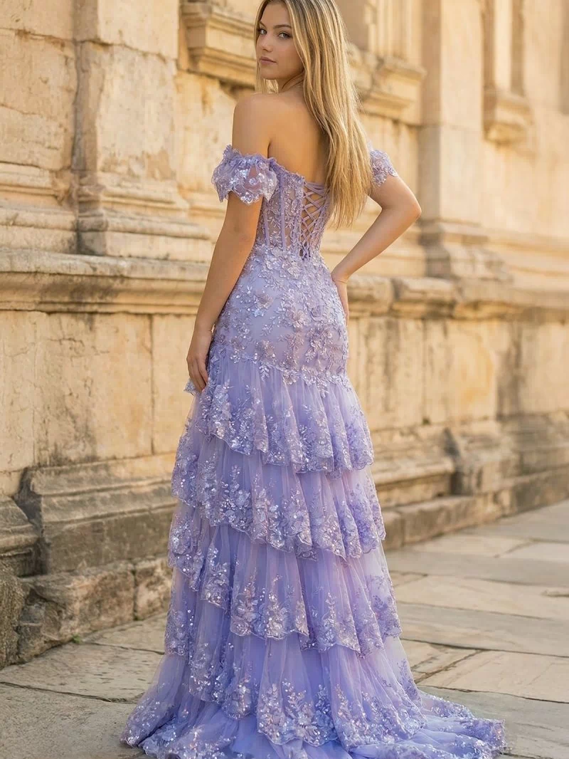 Lavender Sheath Off the Shoulder Long Lace Prom Dress (Lace-up Back) - KISSPROM PROM DRESSES