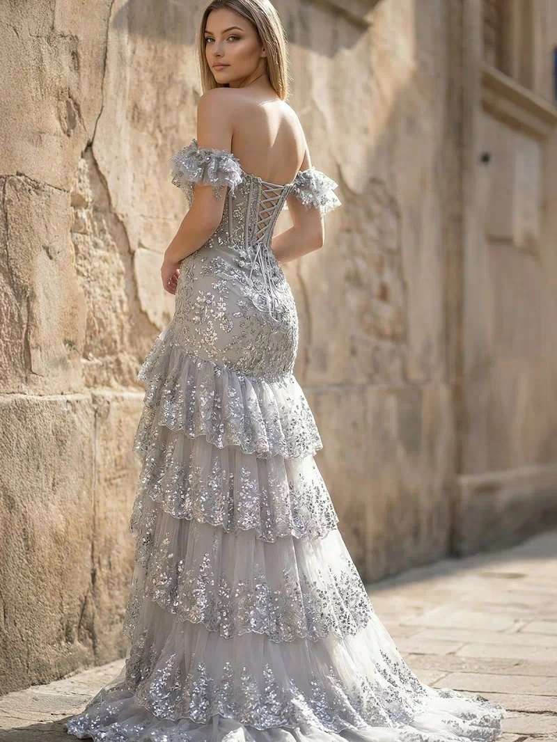 Silver Sheath Off the Shoulder Long Lace Prom Dress (Lace-up Back) - KISSPROM PROM DRESSES