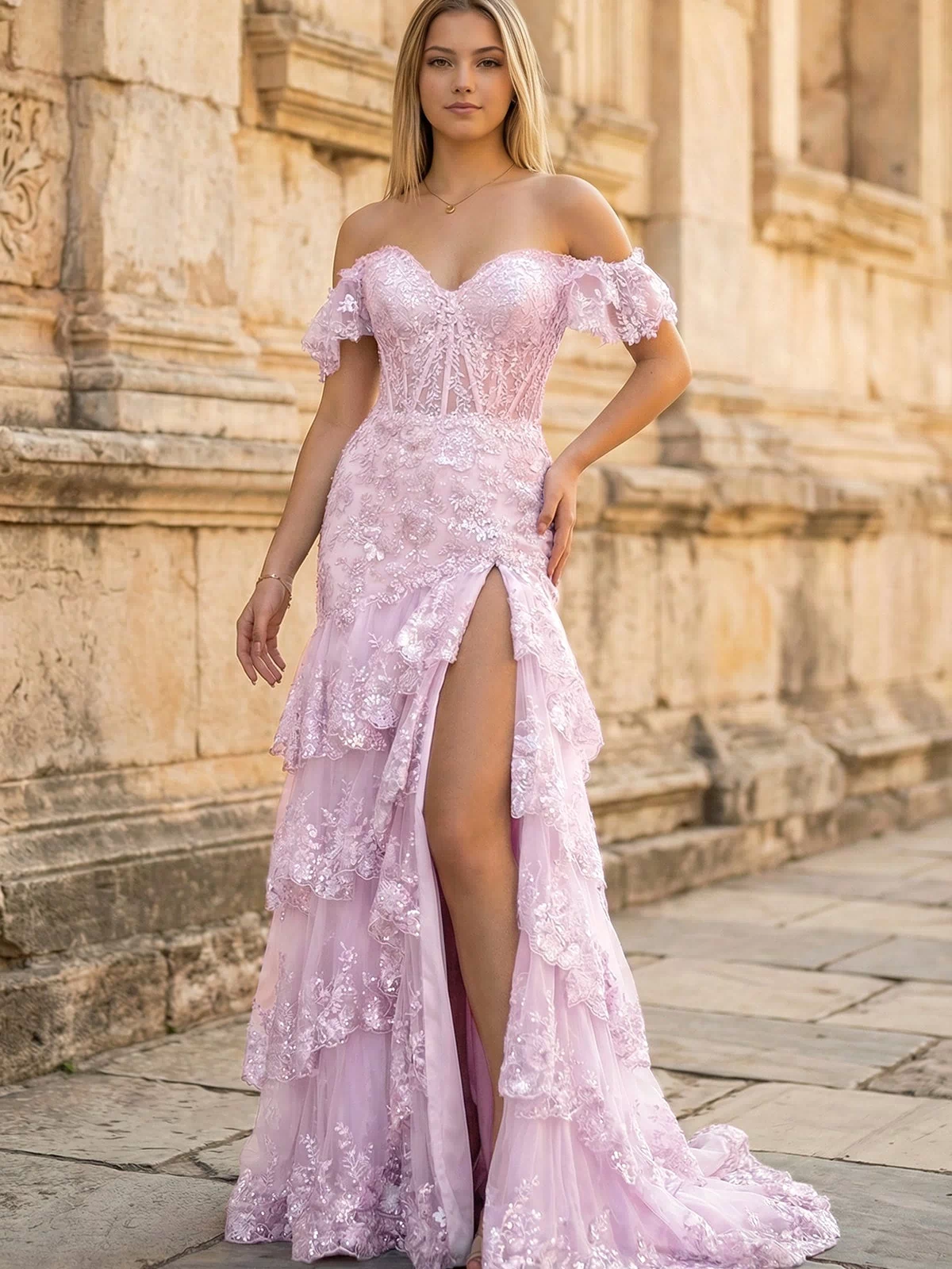 Pink Sheath Off the Shoulder Long Lace Prom Dress (Lace-up Back) - KISSPROM PROM DRESSES