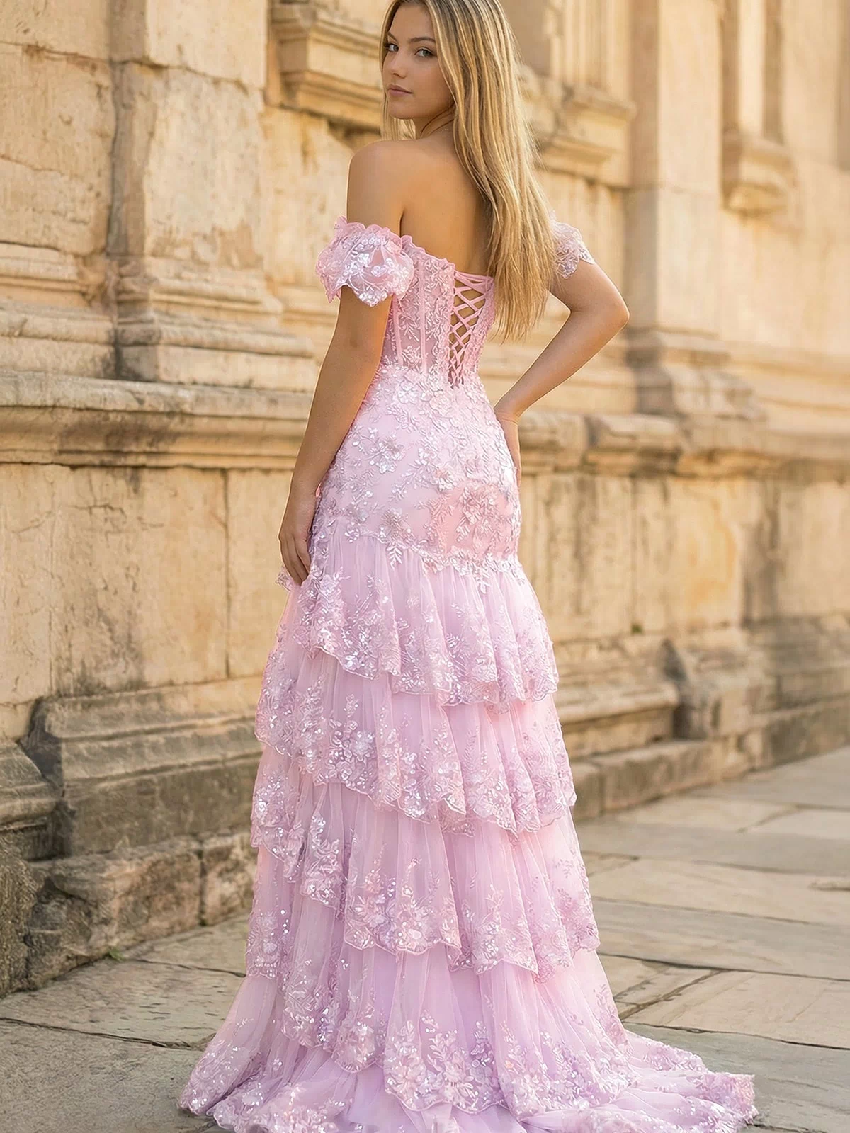 Pink Sheath Off the Shoulder Long Lace Prom Dress (Lace-up Back) - KISSPROM PROM DRESSES