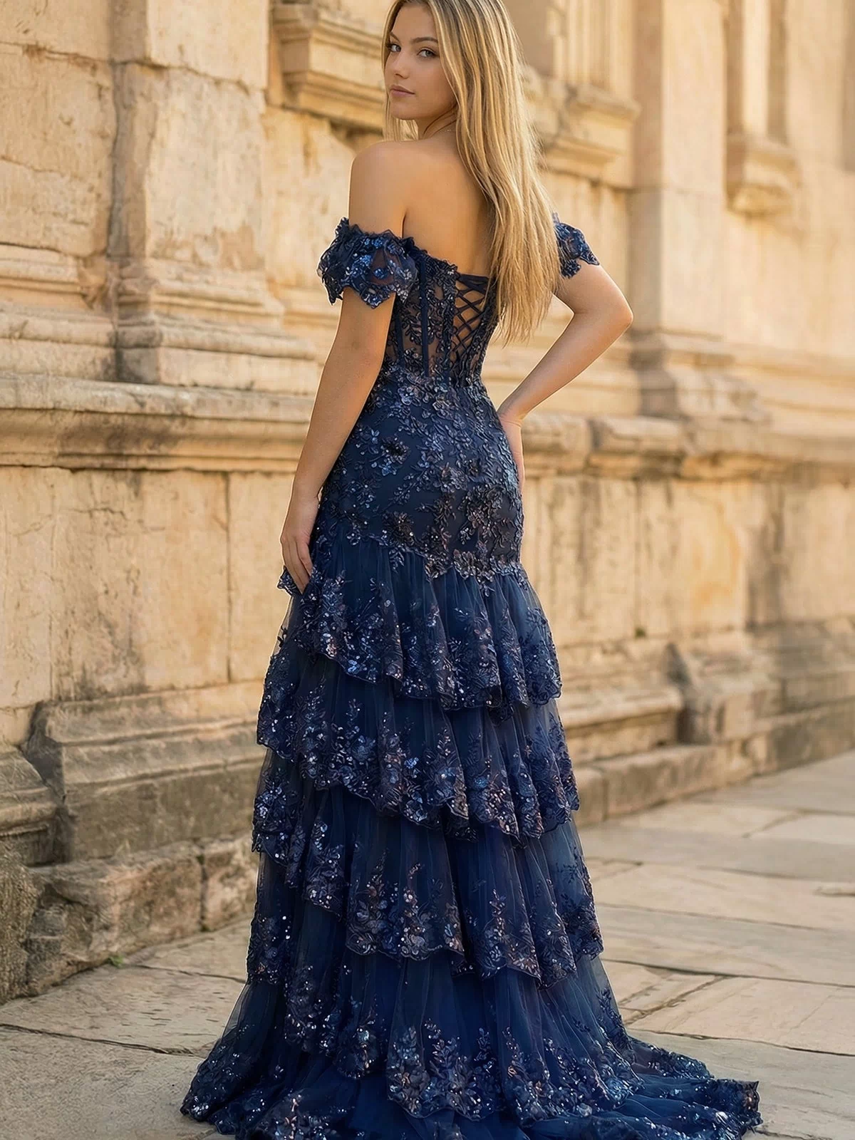 Navy Blue Sheath Off the Shoulder Long Lace Prom Dress (Lace-up Back) - KISSPROM PROM DRESSES