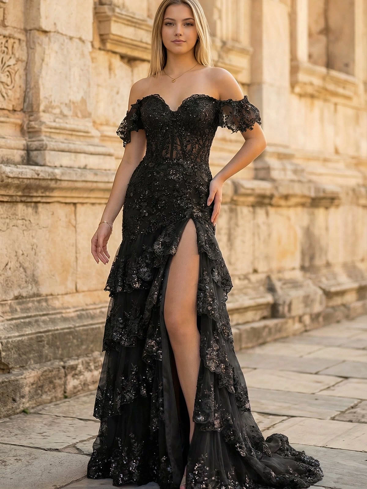 Black Sheath Off the Shoulder Long Lace Prom Dress (Lace-up Back) - KISSPROM PROM DRESSES
