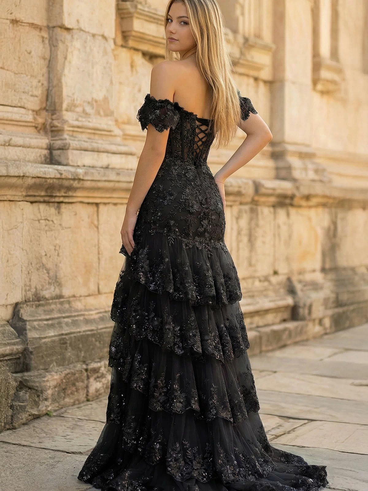 Black Sheath Off the Shoulder Long Lace Prom Dress (Lace-up Back) - KISSPROM PROM DRESSES