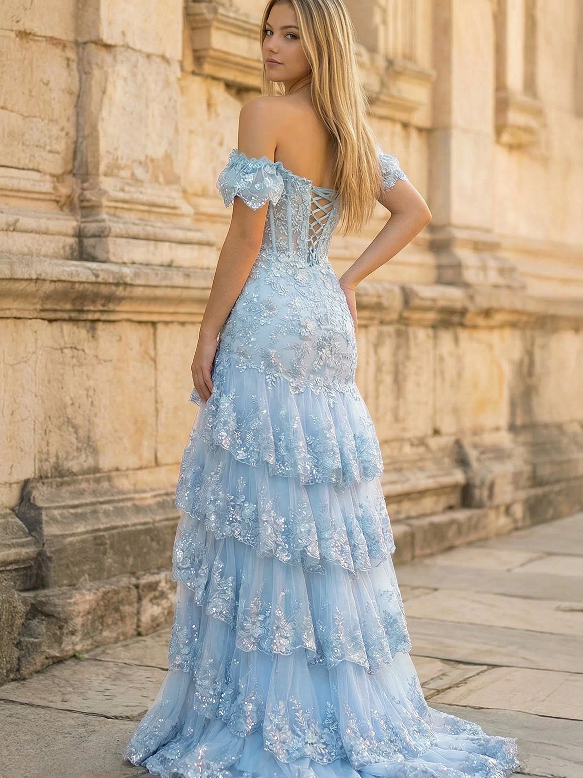 Sky Blue Sheath Off the Shoulder Long Lace Prom Dress (Lace-up Back) - KISSPROM PROM DRESSES