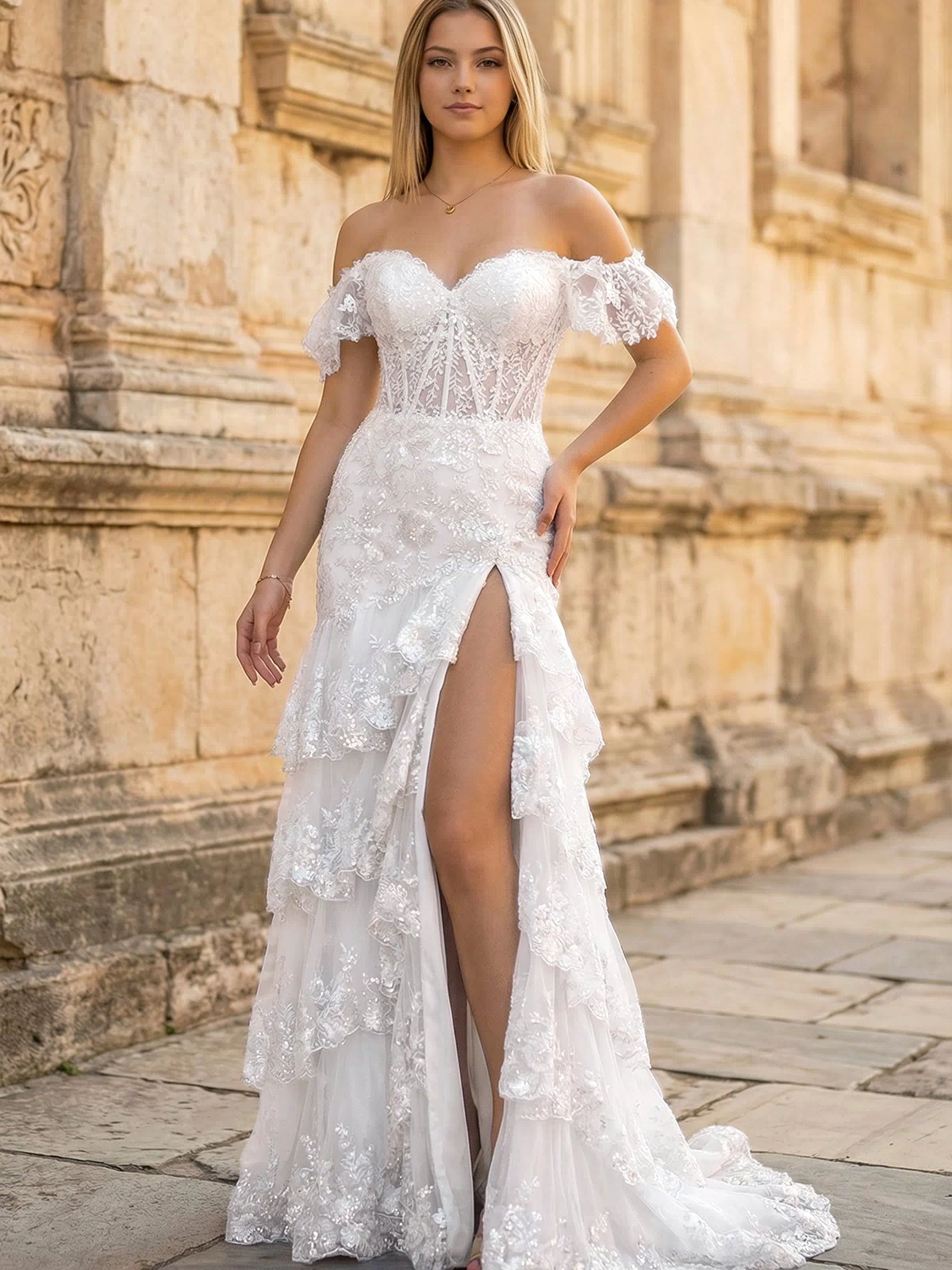 White Sheath Off the Shoulder Long Lace Prom Dress (Lace-up Back) - KISSPROM PROM DRESSES