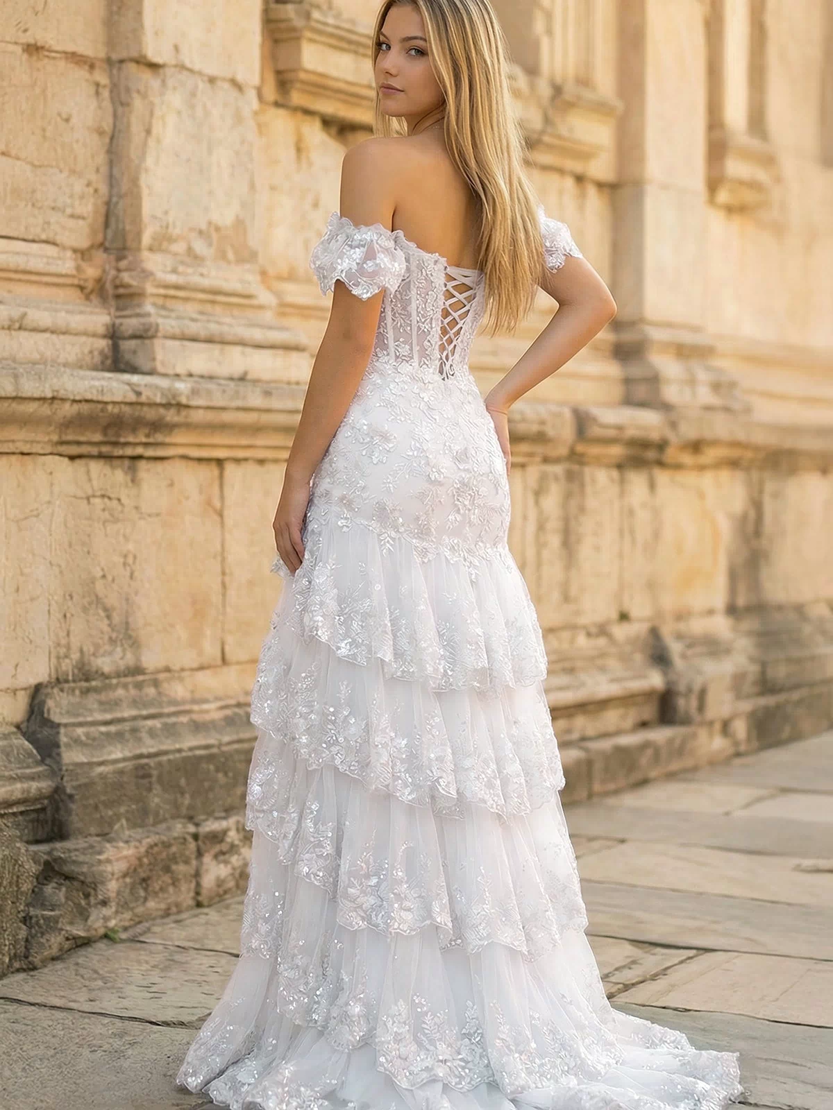 White Sheath Off the Shoulder Long Lace Prom Dress (Lace-up Back) - KISSPROM PROM DRESSES