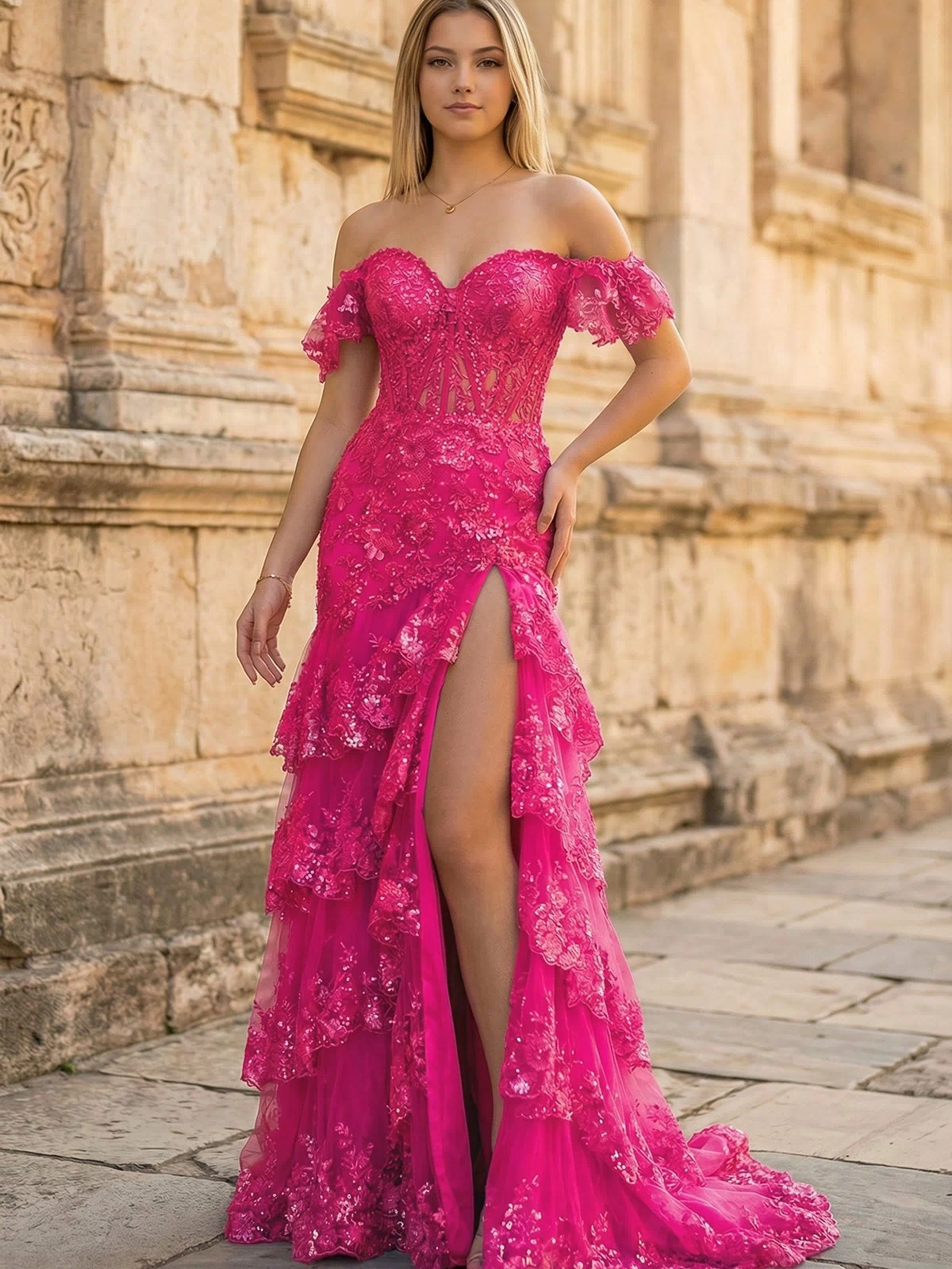 Fuchsia Sheath Off the Shoulder Long Lace Prom Dress (Lace-up Back) - KISSPROM PROM DRESSES