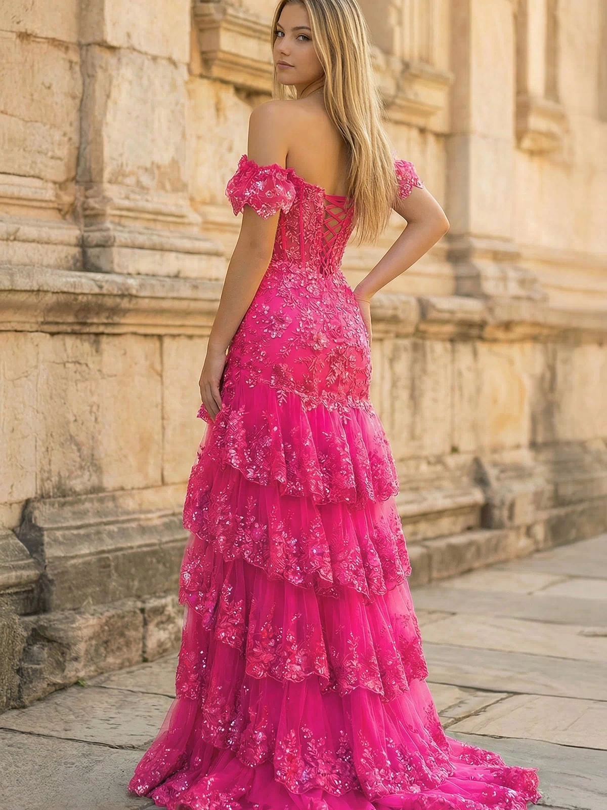 Fuchsia Sheath Off the Shoulder Long Lace Prom Dress (Lace-up Back) - KISSPROM PROM DRESSES