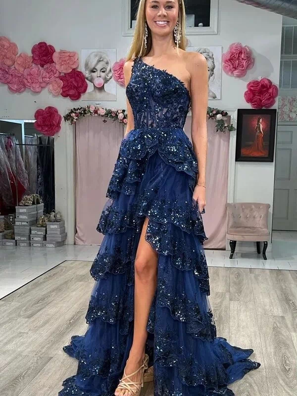 Navy Blue Sequins One-Shoulder Prom Dresses With Slit, Evening Dress, MP941