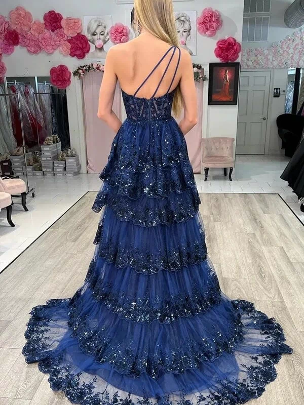 Navy Blue Sequins One-Shoulder Prom Dresses With Slit, Evening Dress, MP941 | evening gown | long formal dress | lace prom dress | musebridals.com