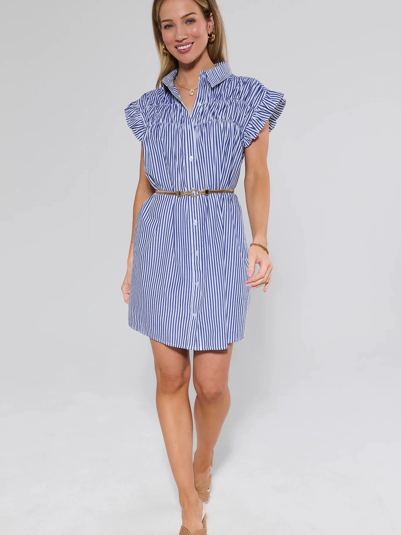 Navy striped short dress styled with brown belt and sandals - Full Length Front | Avara