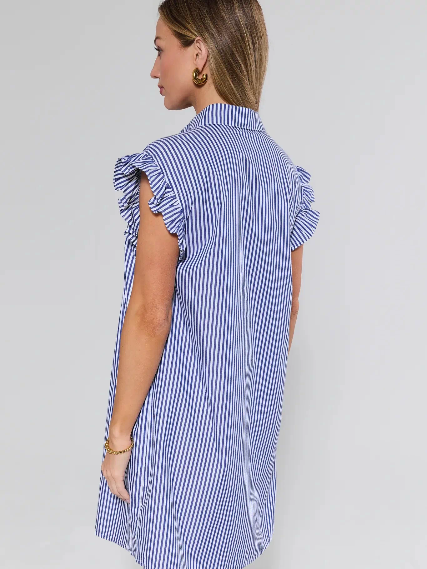 Neacie Navy Striped Short Dress ruffle sleeve detail - Back View | Avara