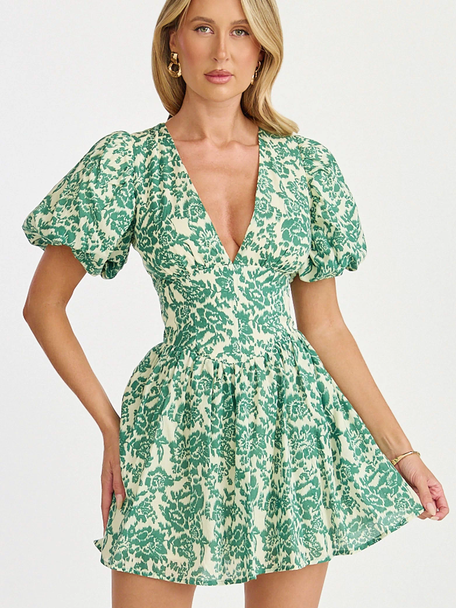 Nelli Mini Dress - Short Puff Sleeve Shirred Back Dress in Green Silhouette