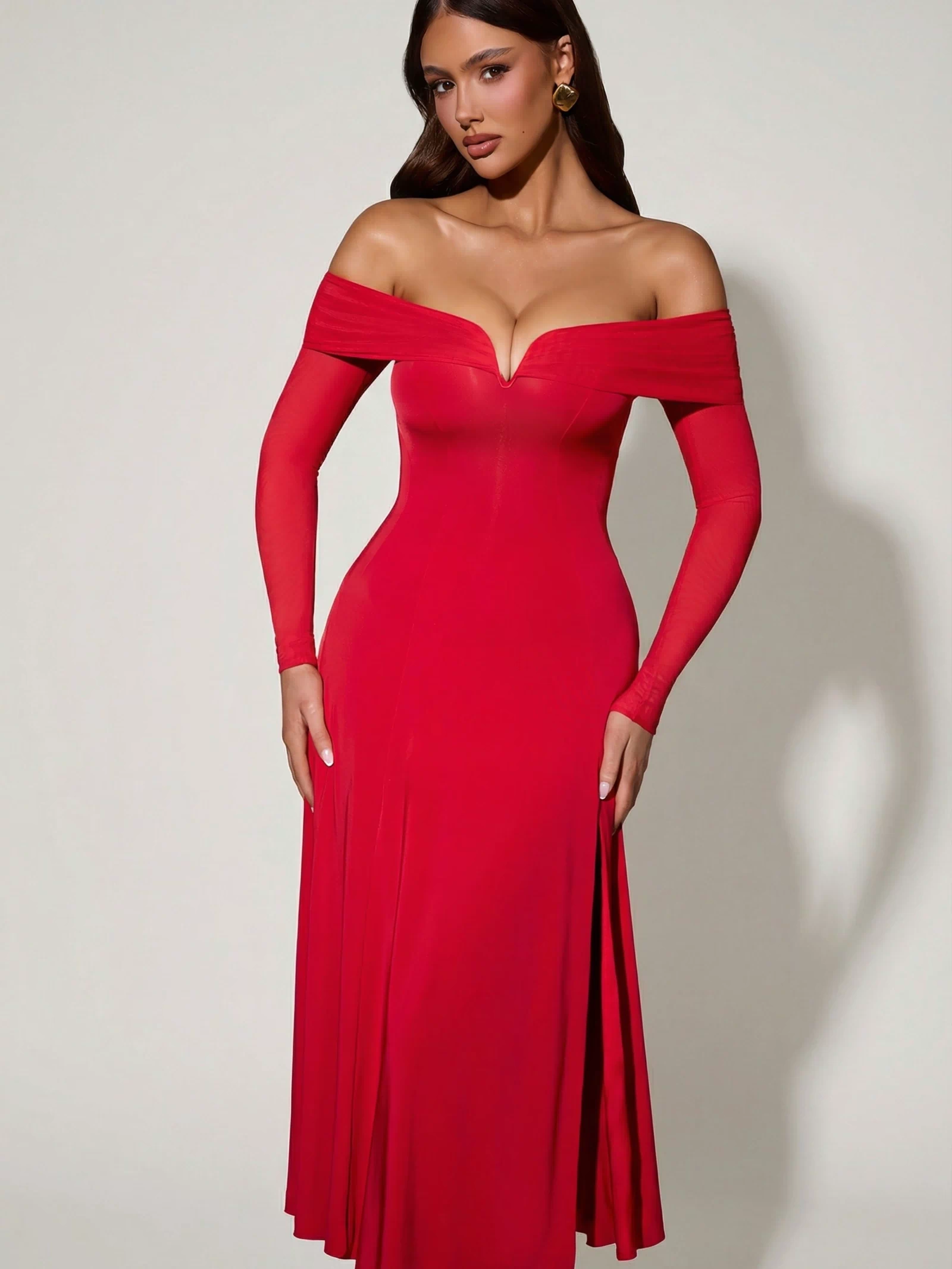 Off-Shoulder Lace-Up A-Line Midaxi Dress in Red
