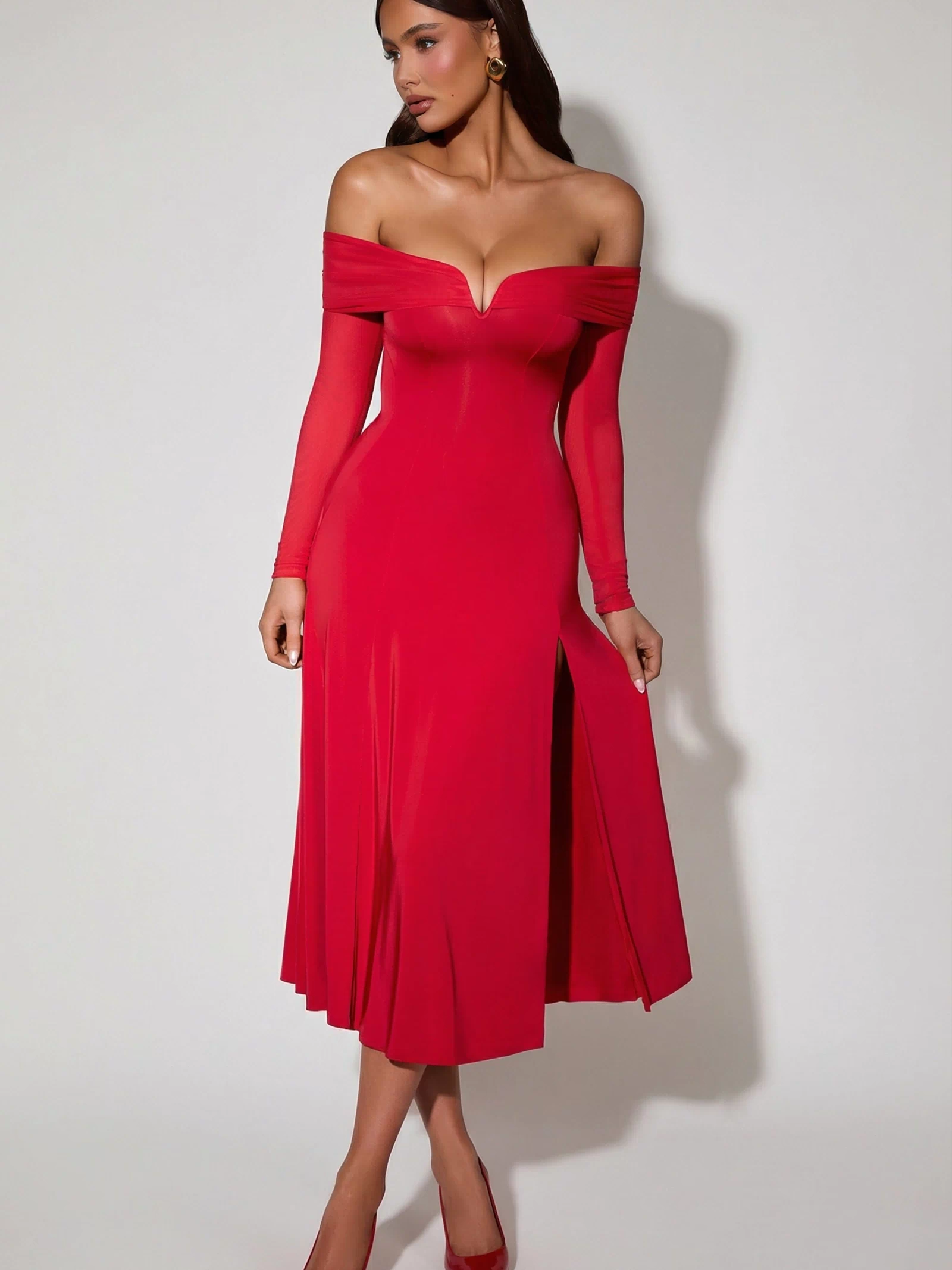 Oh Polly's Ella wearing the Nerissa Midaxi Dress in Red Sheer Jersey fabric perfect for birthday parties