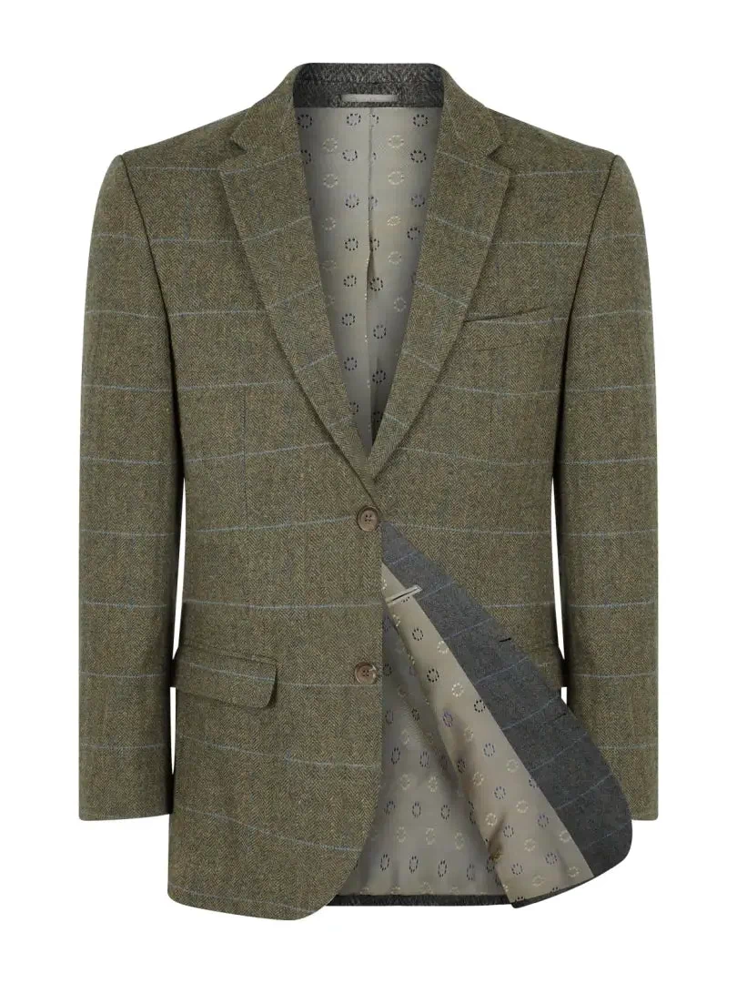 Olive green wool tweed blazer with subtle pattern and single button closure