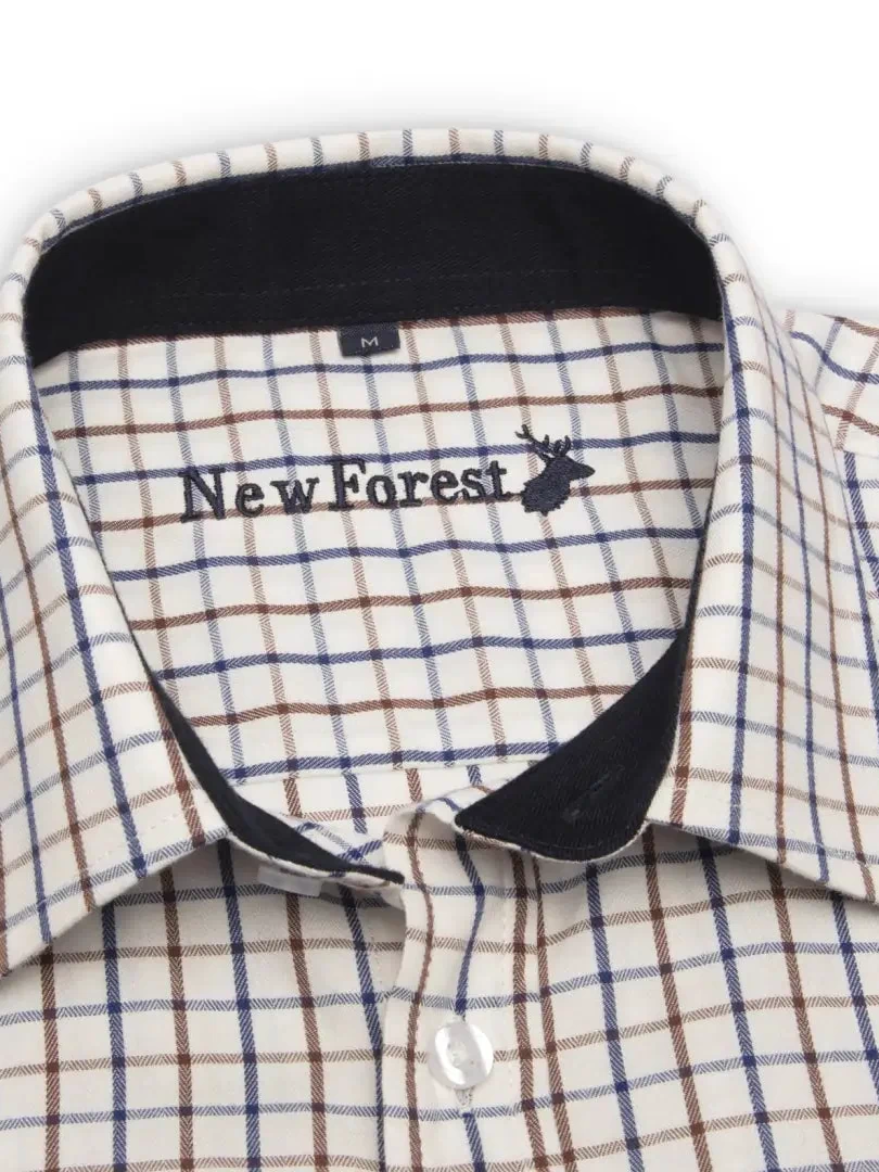 Checkered New Forest Premium 100% Cotton Short Sleeve Shirt with deer logo on collar
